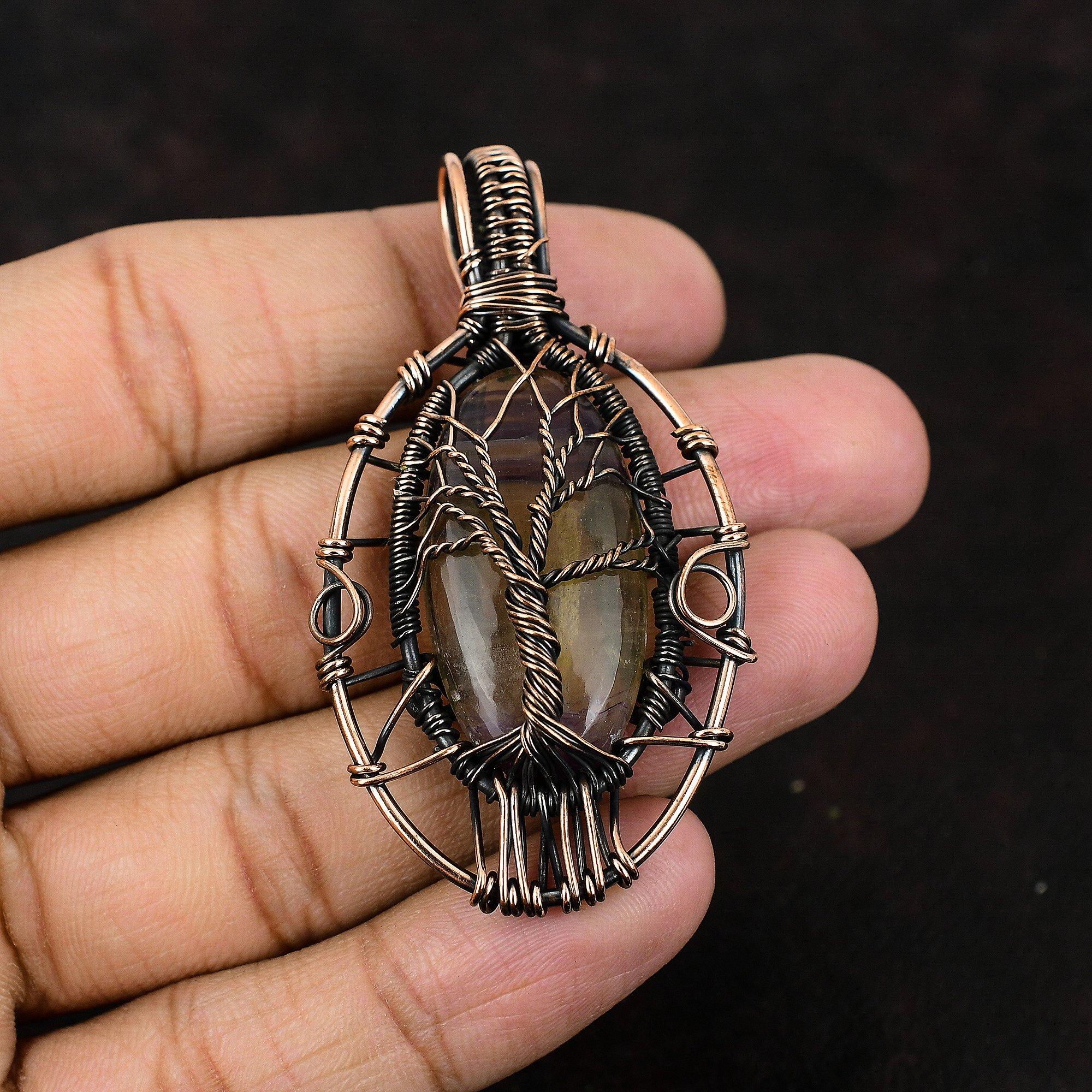 Pandantiv Piatră Prețioasă Fluorit Multicolor Arborele Vieții Pandantiv Înfășurat în Sârmă de Cupru Cadou Pentru Ea Bijuterii Unice Bijuterii Handmade Bijuterii cu Fluorit Multicolor