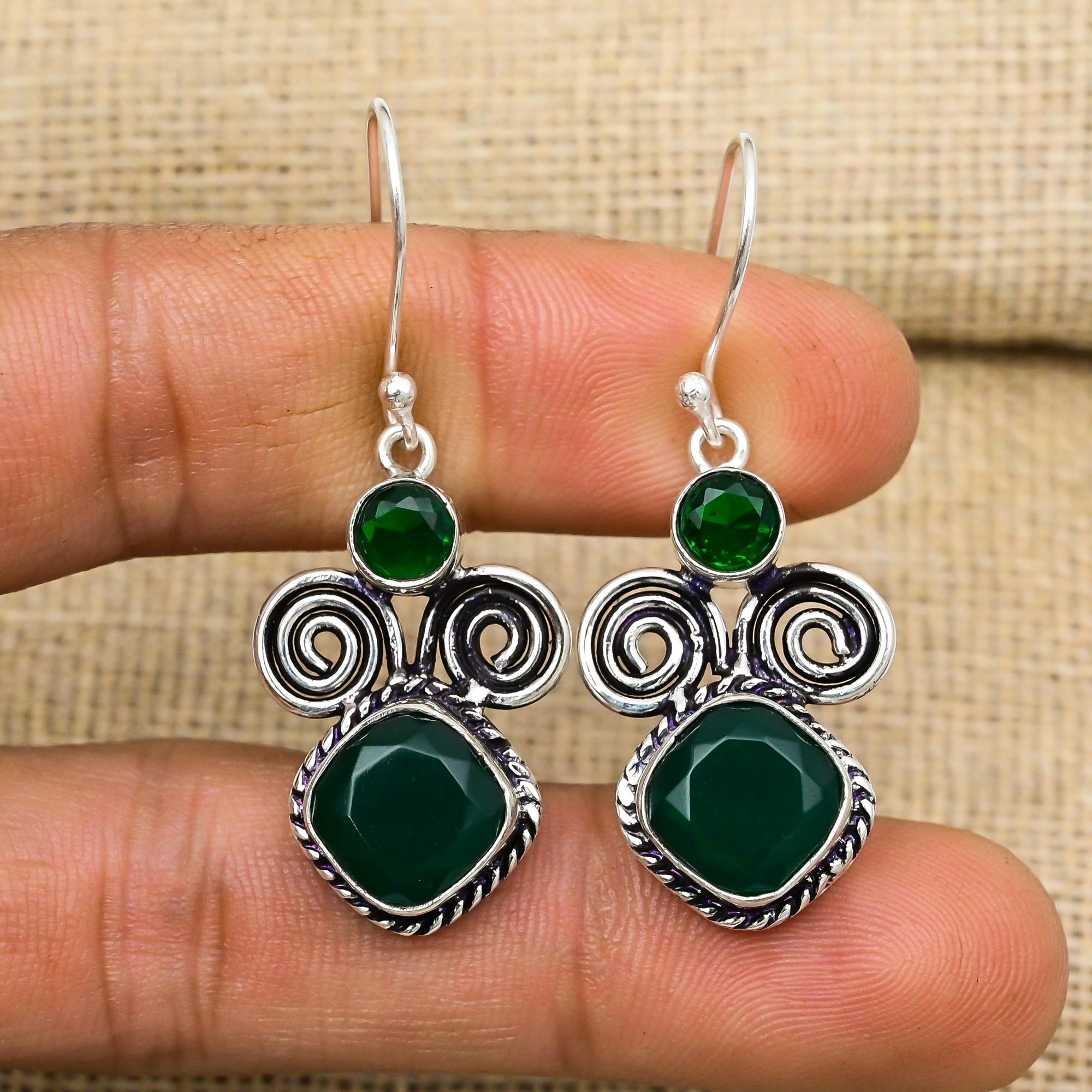 Green Onyx, Chrome Diopside Earrings, 925 Solid Sterling Silver Jewelry, Gemstone Earrings, Gift For Her Handmade Dainty Jewelry