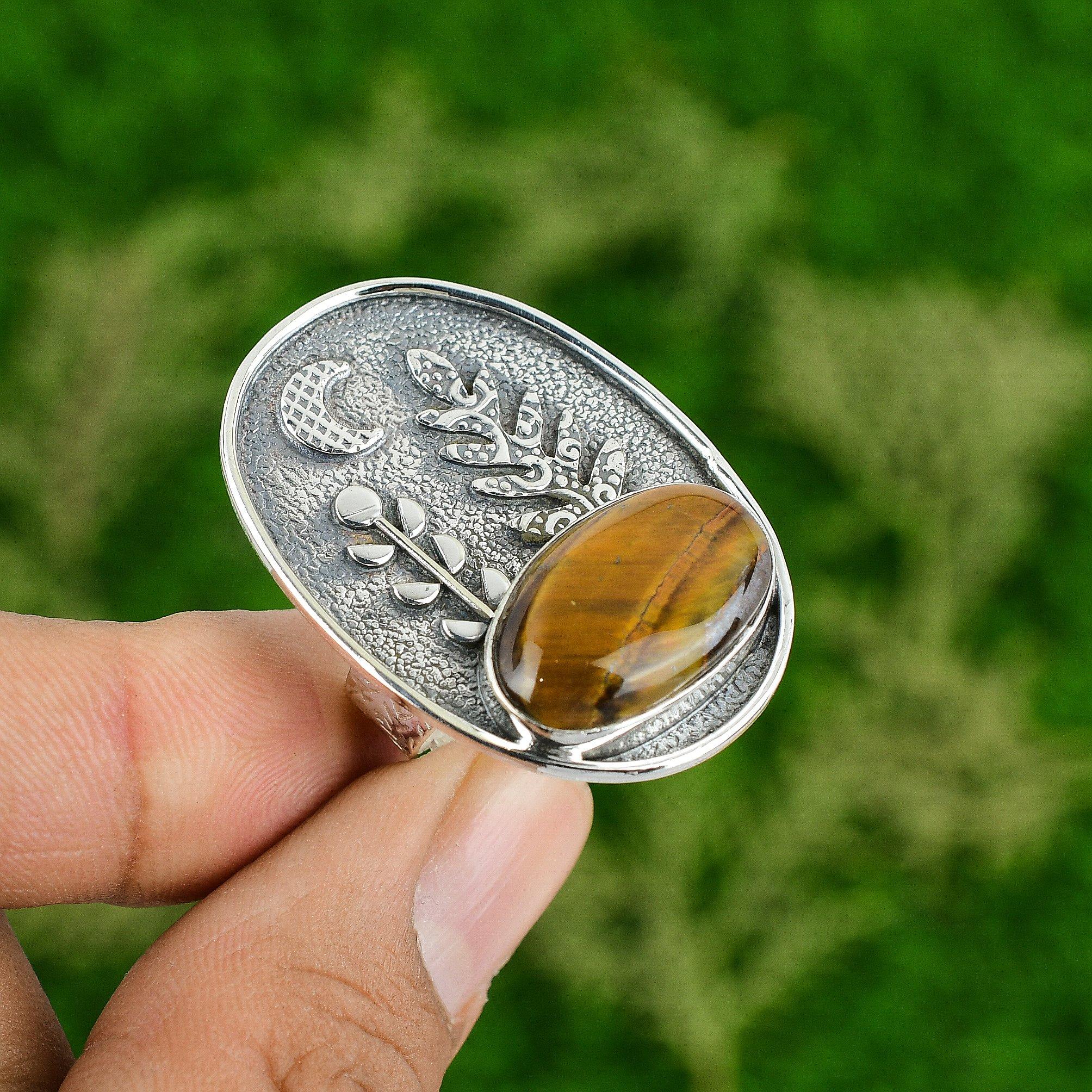 Natural TigerS Eye Gemstone 925 Silver Statement Adjustable Ring For Women