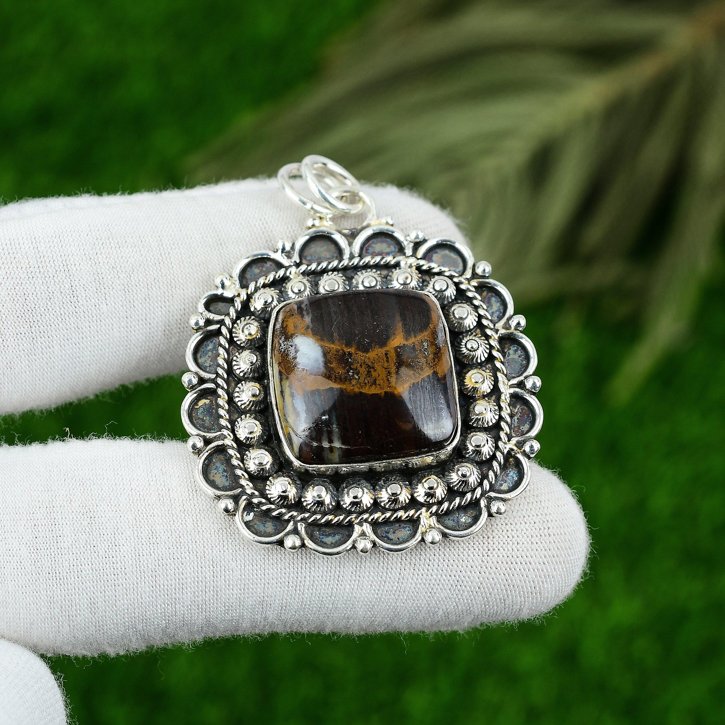 Cushion Iron Tiger Eye Stone 925 Sterling Silver Unique Bezel Boho New Pendant