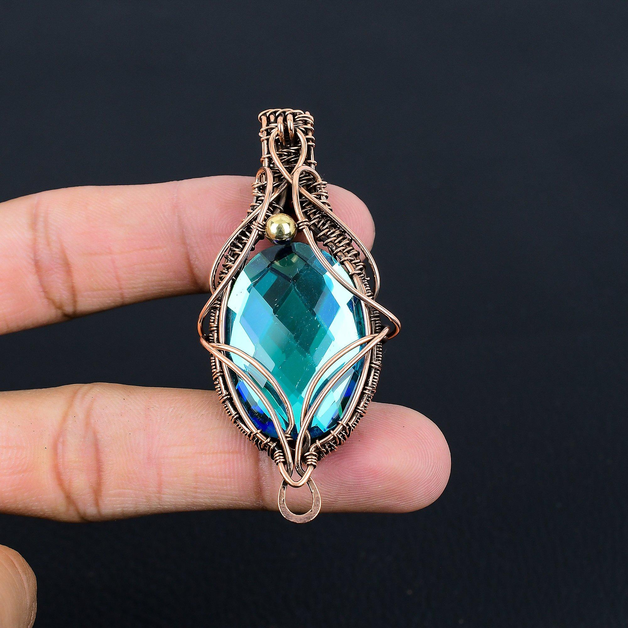 Blue Mystic Topaz Gemstone Handmade Pure Copper Wire Wrapped Pendant Jewelry