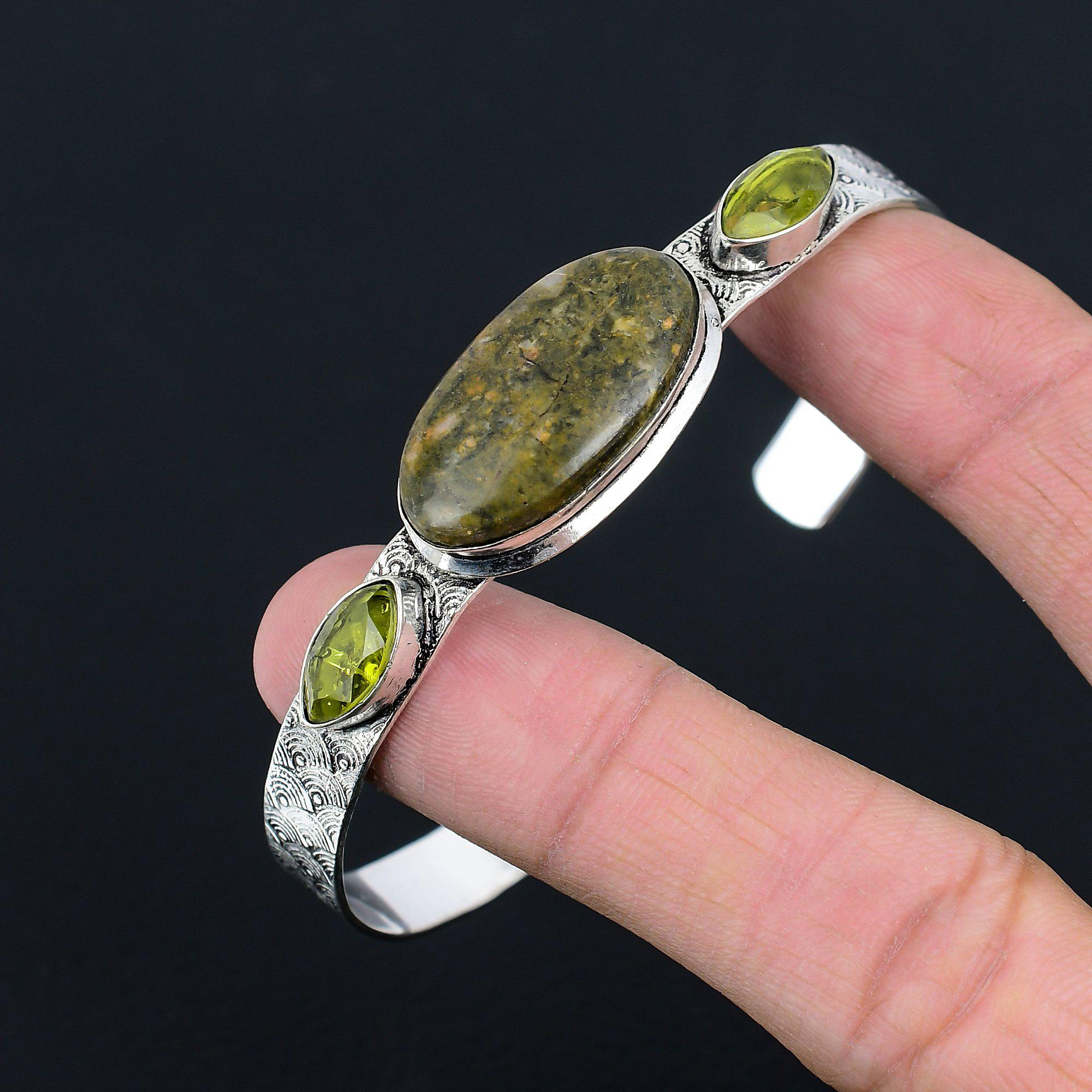 Natural Rainforest Jasper Gemstone Bangle Adjustable 925 Sterling Silver Jewelry
