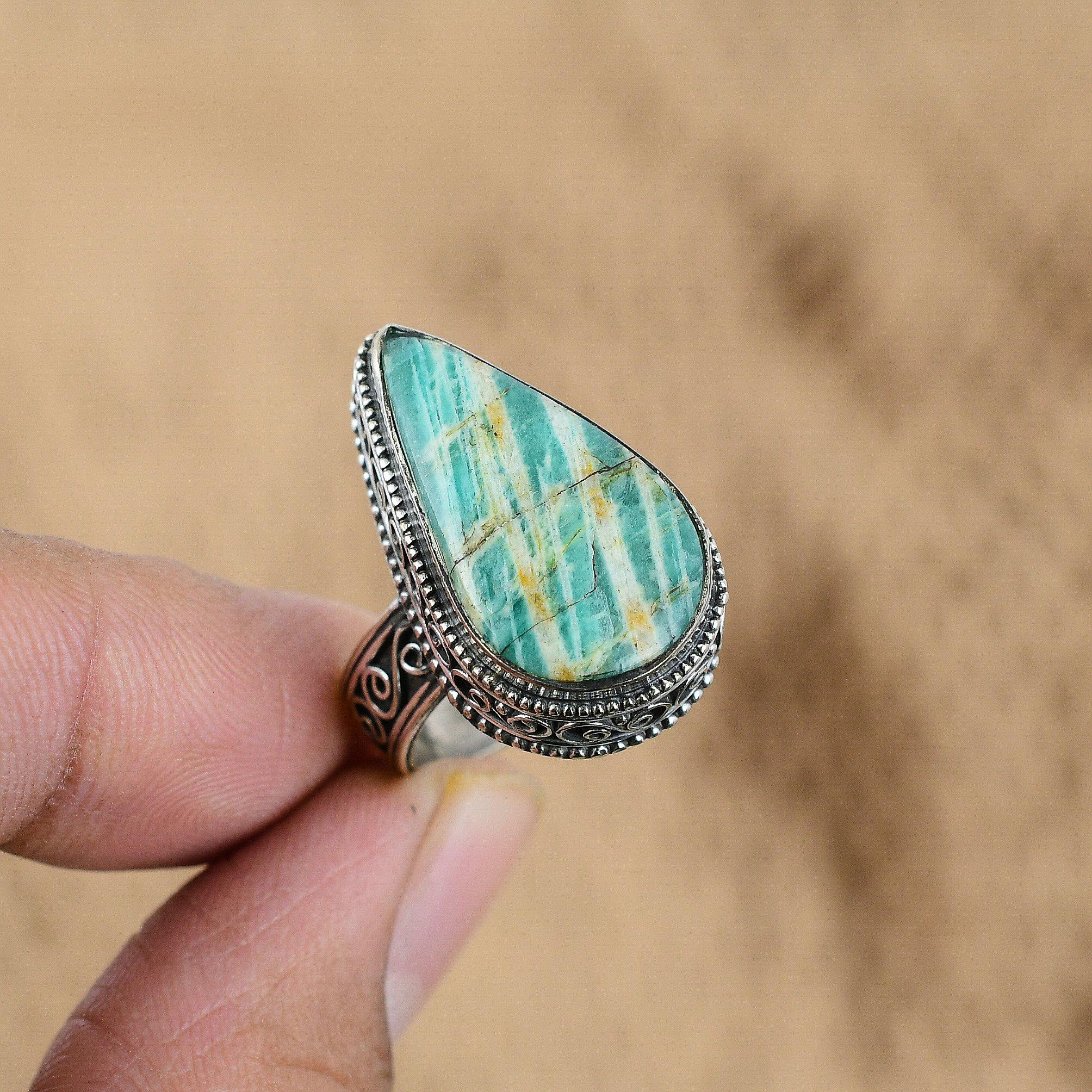 925 Silver Amazonite Gemstone Artisan Vintage Wife Anniversary Ring Size 8.25