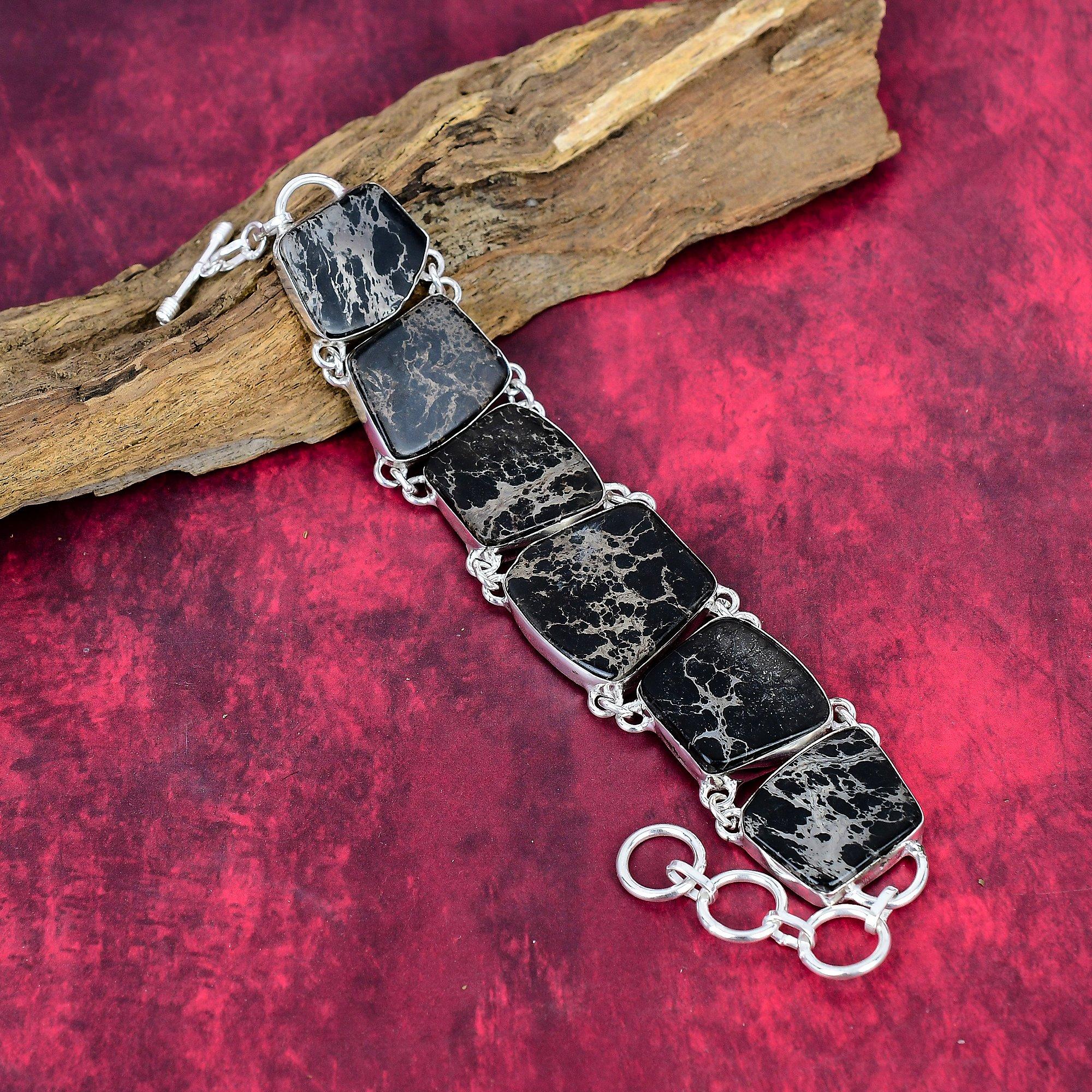 Black Sea Sediment 925 Solid Sterling Silver Bracelet with Adjustable Chain, Handmade Gemstone Jewelry Bracelet For Memorial Day