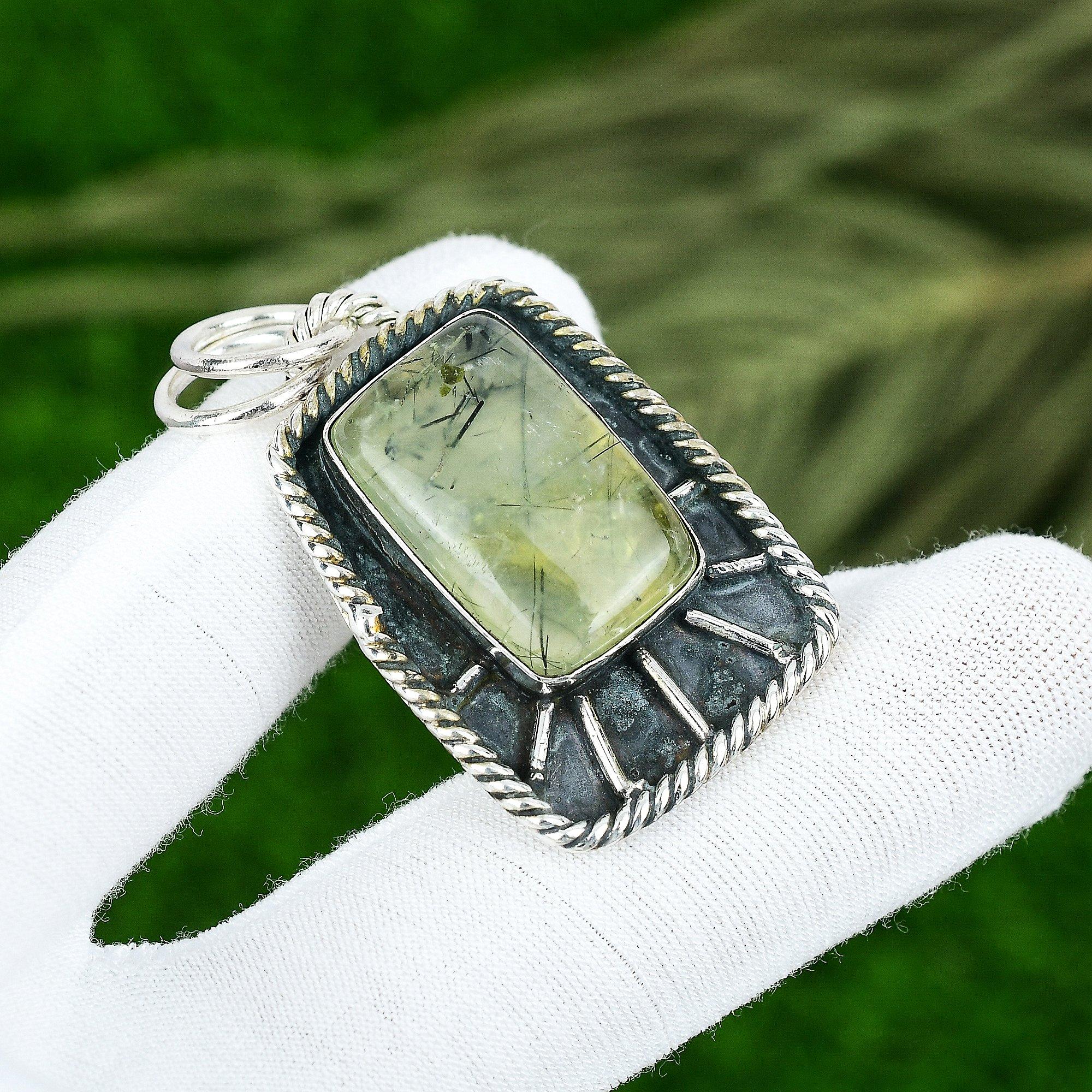 Natural Moss Prehnite Gemstone Pendant Green 925 Sterling Silver Indian Jewelry