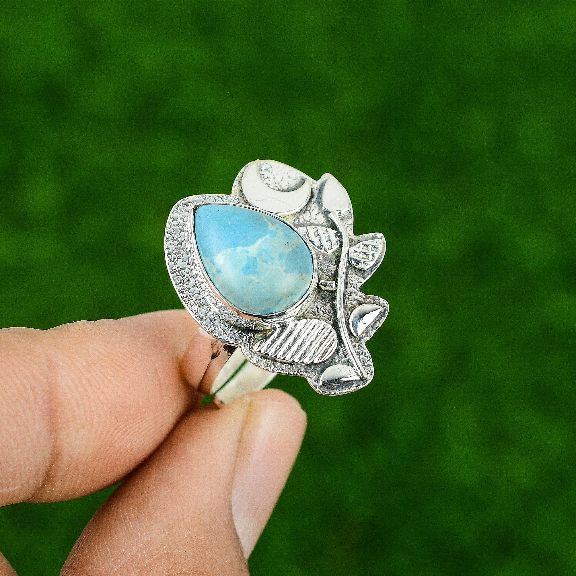 925 Sterling Silver Pear Sleeping Beauty Turquoise Gemstone Bezel Stackable Ring