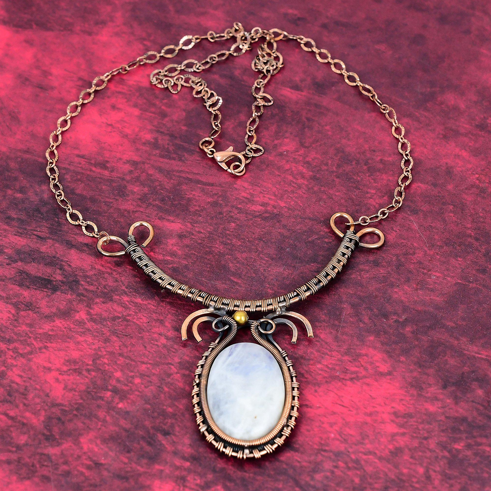 Rainbow Moonstone Necklace Copper Wire Wrapped Adjustable Chain Necklace Gemstone Copper Jewelry Gifts for Wife Handmade Birthstone Necklace