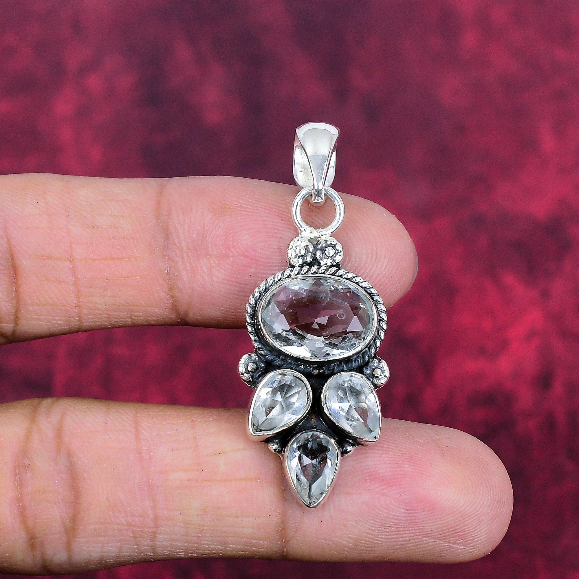 White Topaz Gemstone Pendant, 925 Solid Sterling Silver Antique Pendant, Handmade Jewelry Anniversary, Gift For Mom