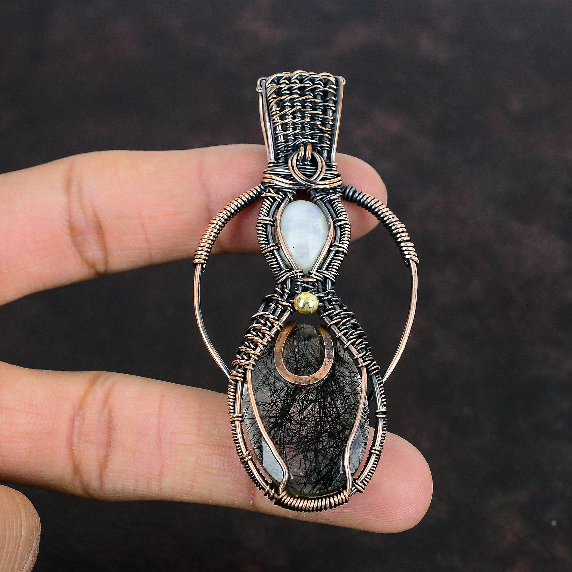 Faceted Black Rutile Gemstone Pendant Copper Wire Wrapped Pendant Rainbow Moonstone Pendant Gifts For Mother Copper Jewelry Handmade Pendant