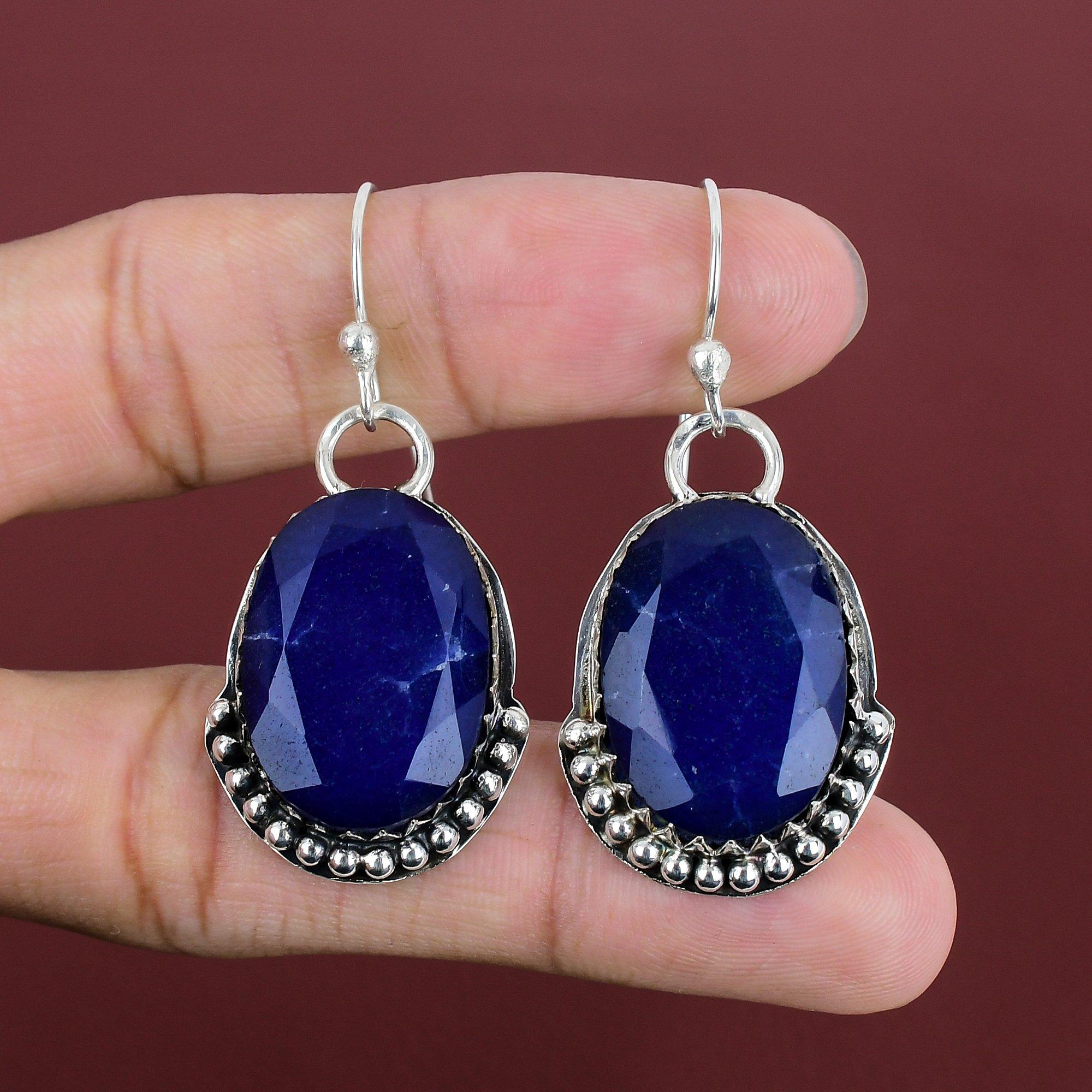 Faceted Blue Sapphire Earring Natural Gemstone Jewelry 925 Sterling Silver Earring Dainty Earrings Handmade Jewelry Engagement Gifts For Her