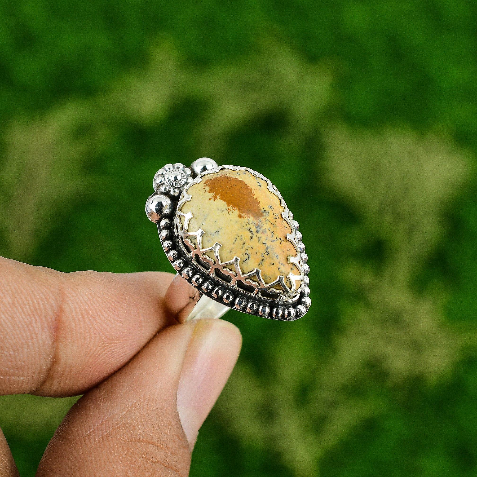 Natural Picture Jasper Gemstone Stackable Yellow Adjustable Ring 925 Silver