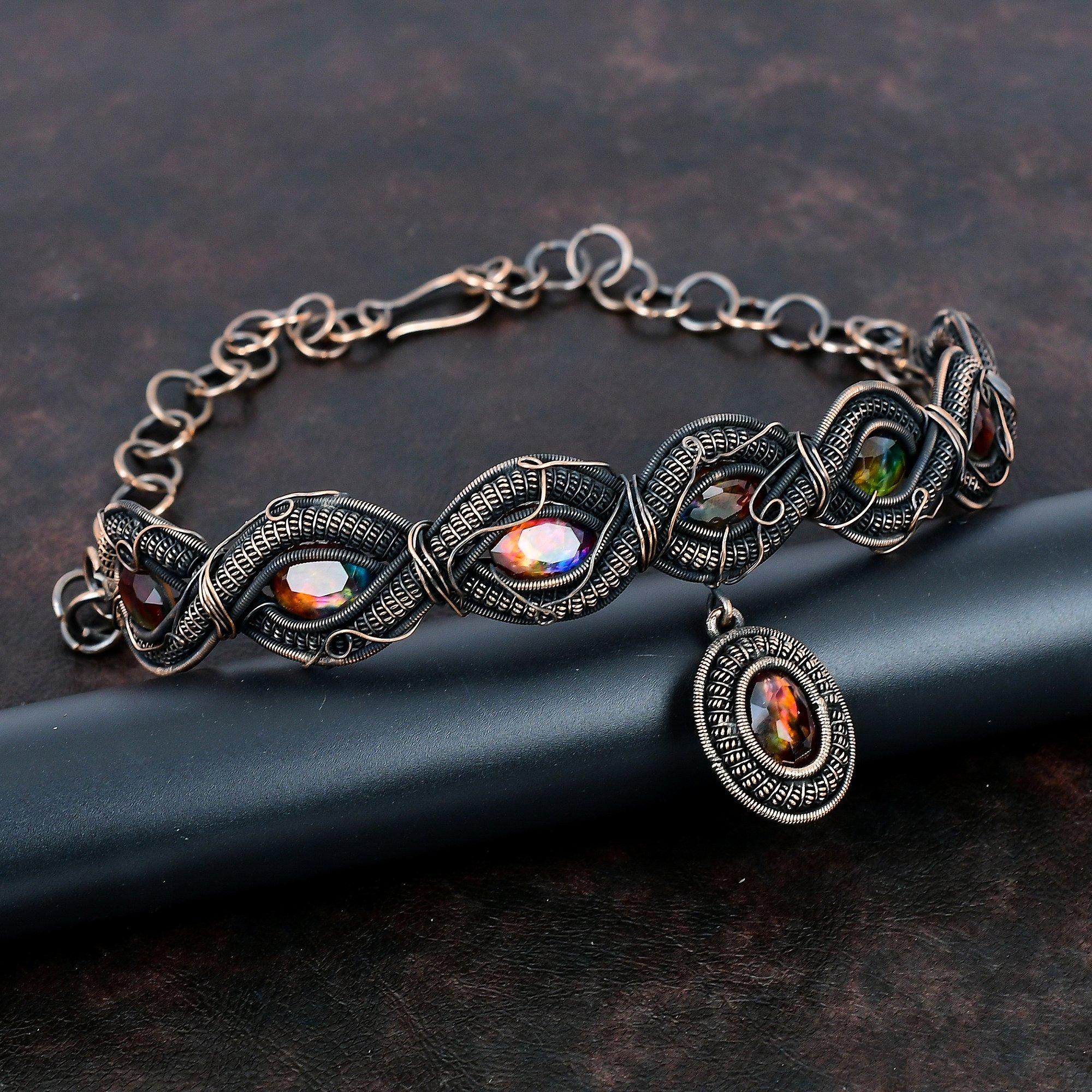 Faceted Ammolite Gemstone Necklace Copper Wire Wrapped Handmade Necklace Adjustable Chain Necklace Ammolite Copper Jewelry Gifts For Women