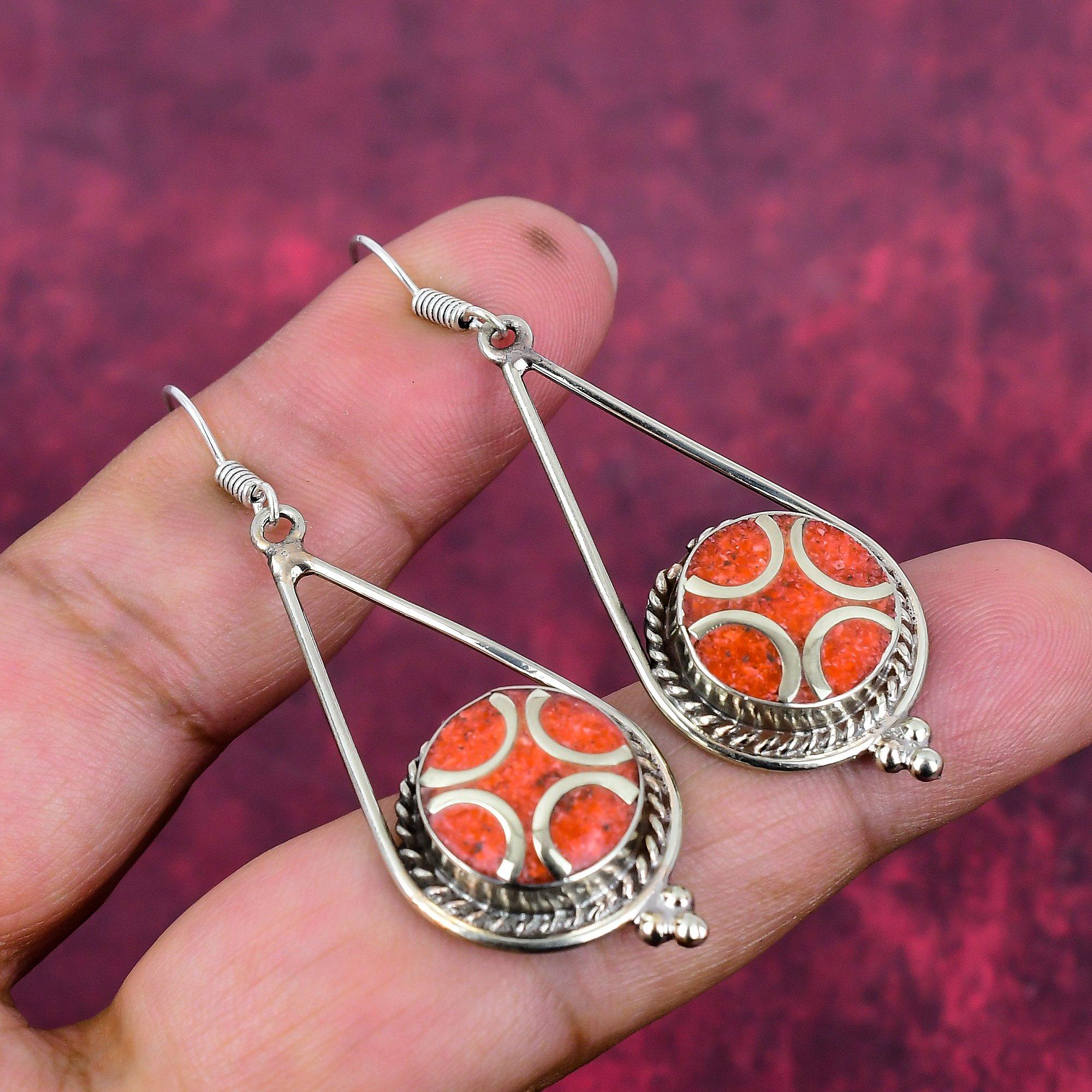 Coral Earrings, 925 Solid Sterling Silver Gemstone Jewelry, Handmade Earrings, Gift For Love