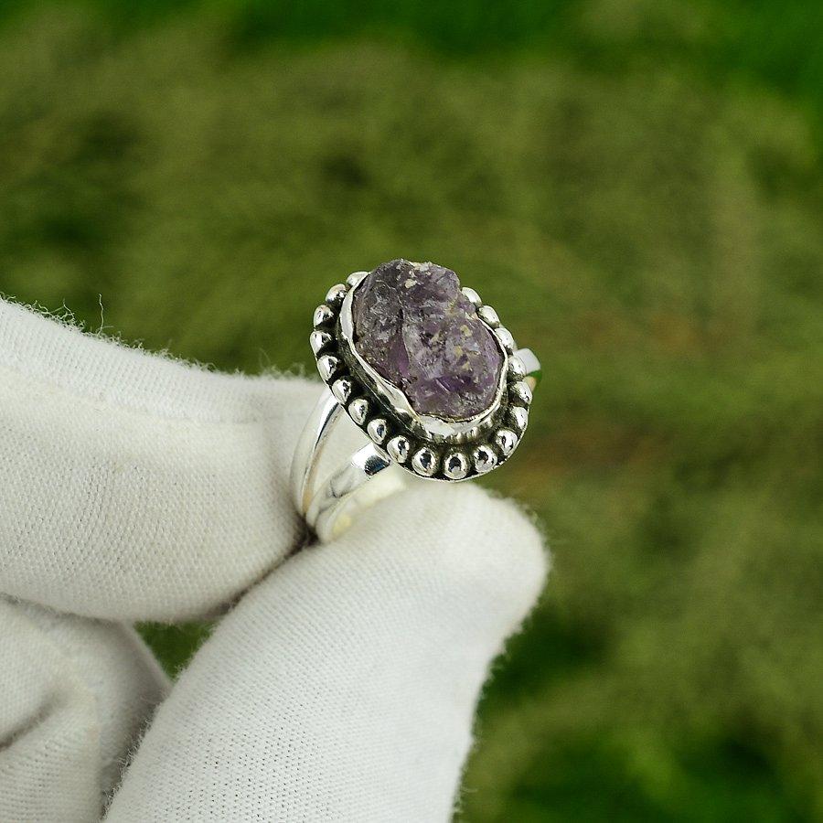 Wedding Gift For Her 925 Silver Natural Amethyst Rough Multi Stone Ring Size 7