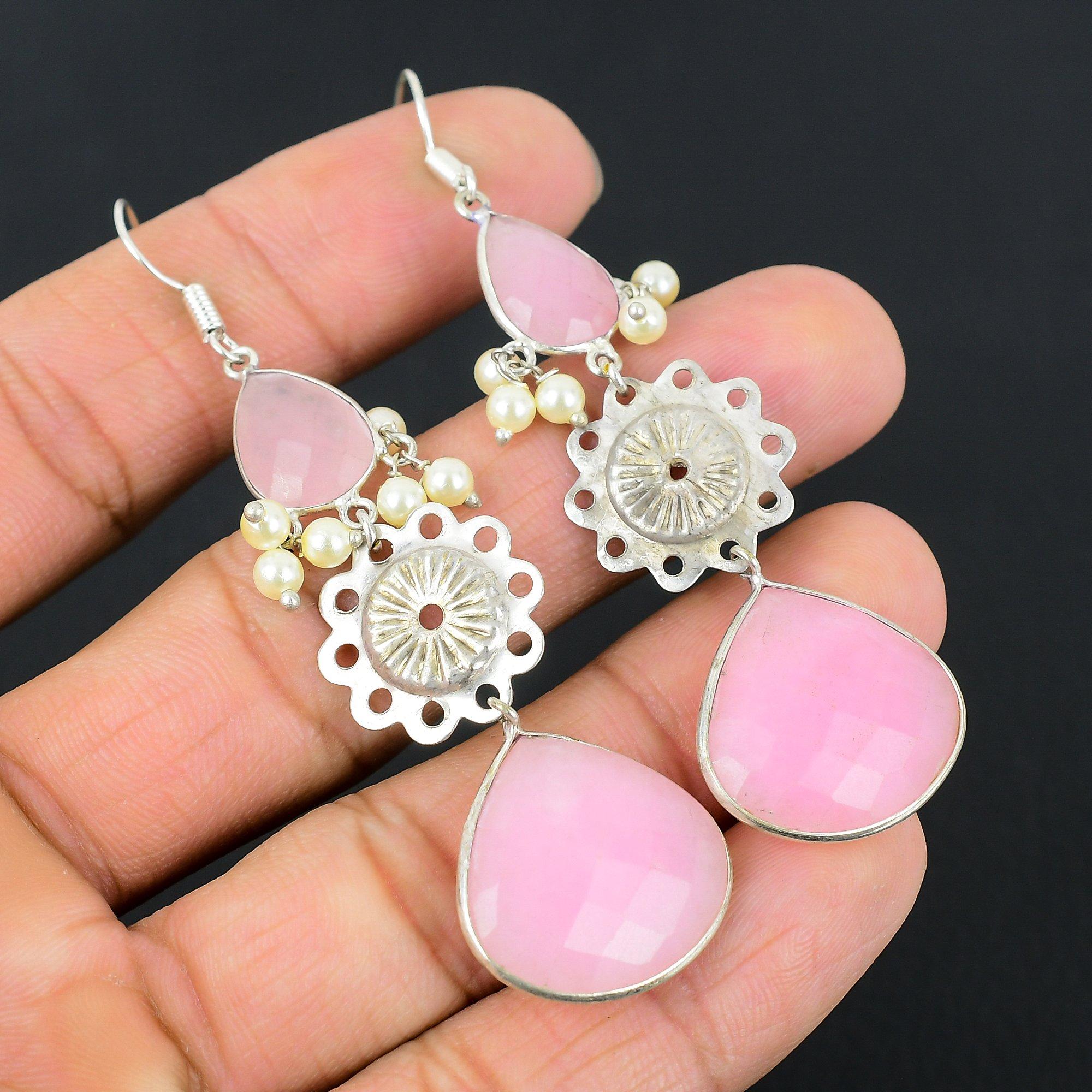 Halloween Sale Rosa Chalcedon Edelstein Hängeohrringe Schmuck 925 Silber