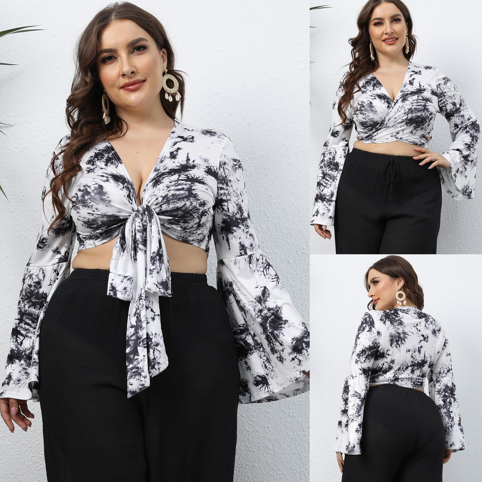 Pluss størrelse damebluse Tie Dye Print Multi Wear Topper Tie Dype V Flare Sleeve Korte Langermede topper