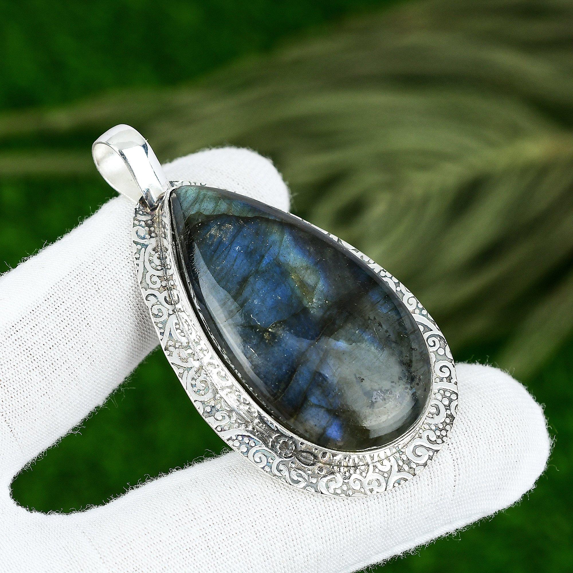 Natural Labradorite Gemstone Pendant Gray 925 Sterling Silver Indian Jewelry