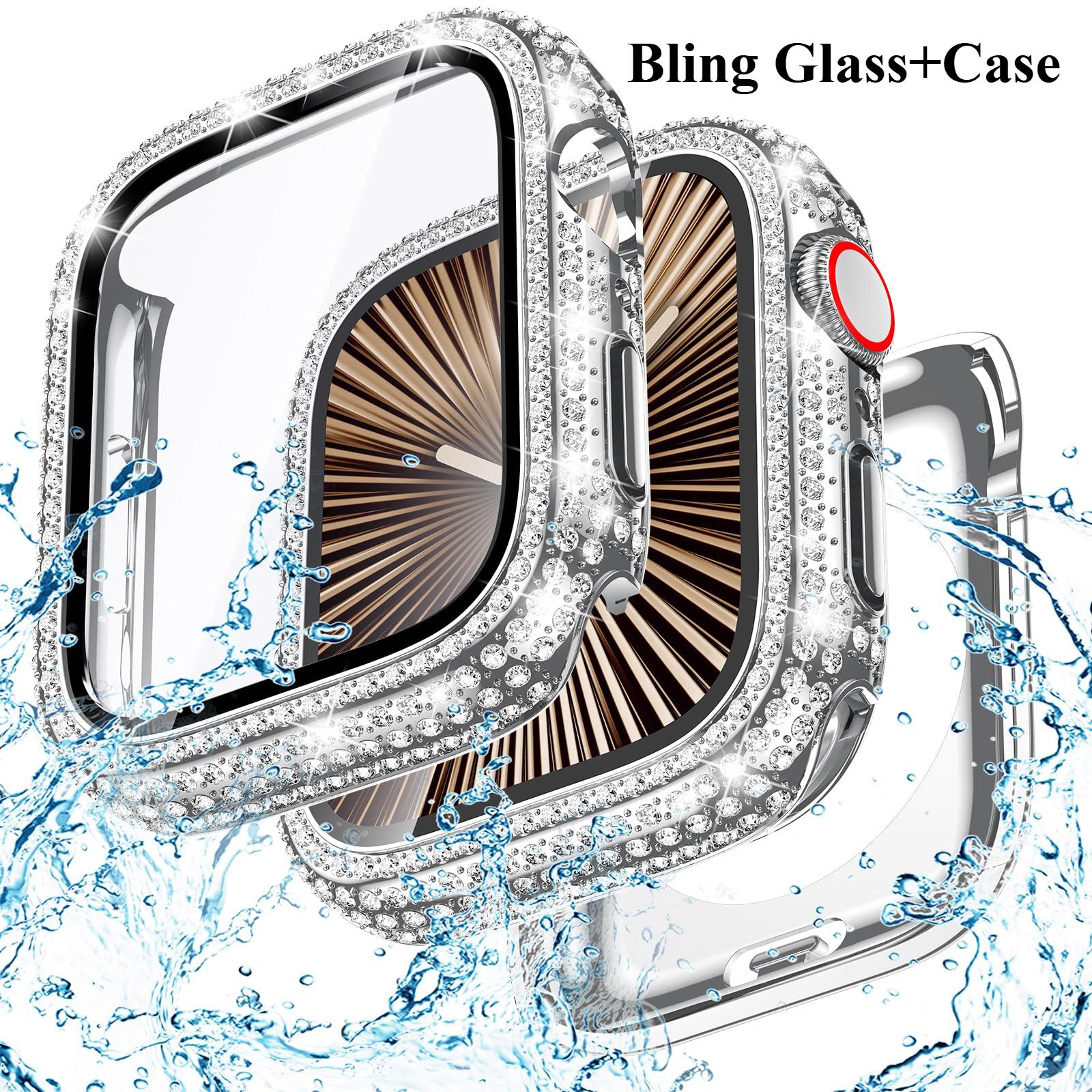 Bling Glass+Cover For Apple Watch Case 46mm 44mm 45mm 41mm 40mm 42mm  Ultra1/2 49mm Diamond bumper+Screen Protector Iwatch Series 10 9 8 7 5 6 SE