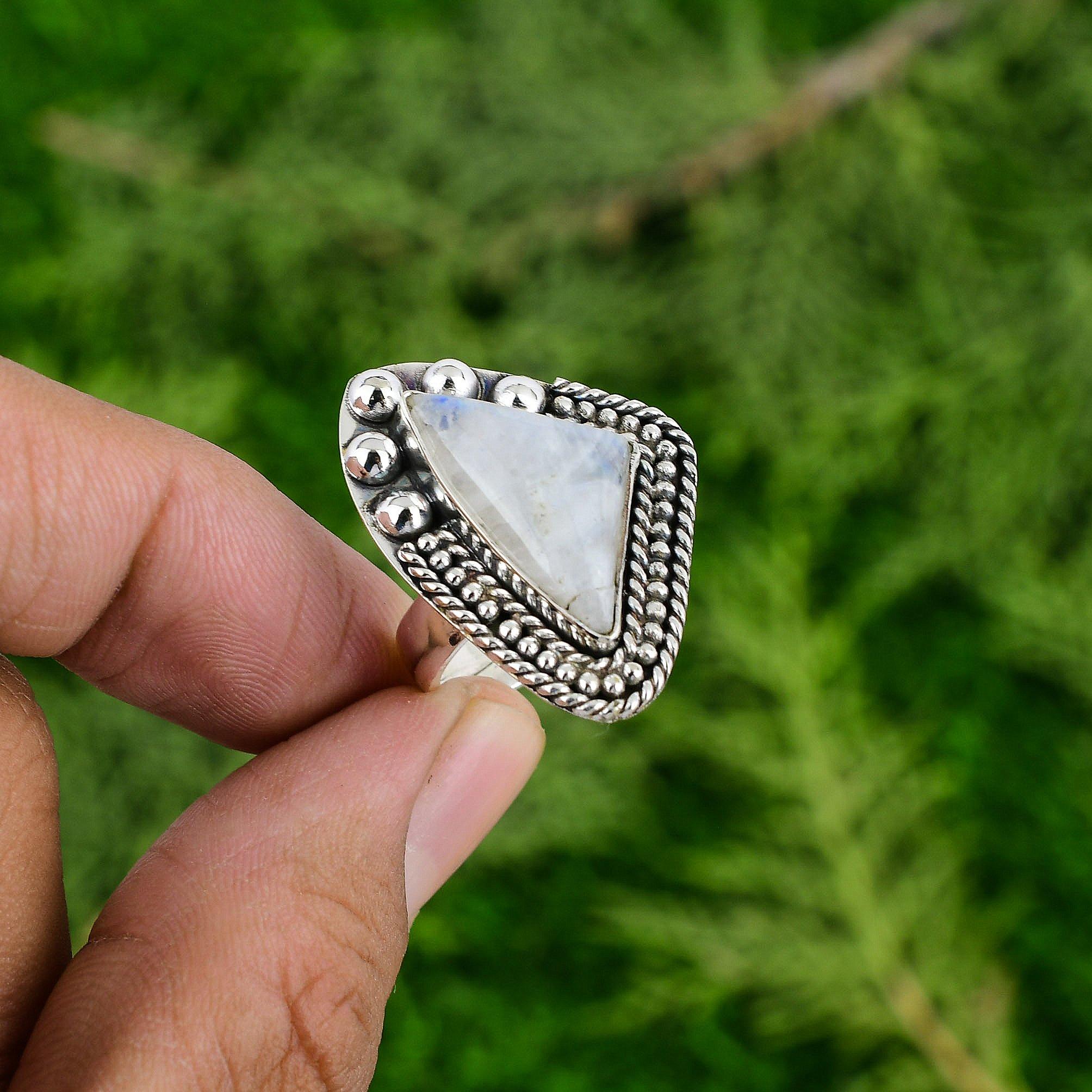 Sterling Silver Rainbow Moonstone Gemstone Statement Promise Crown Chakra Ring