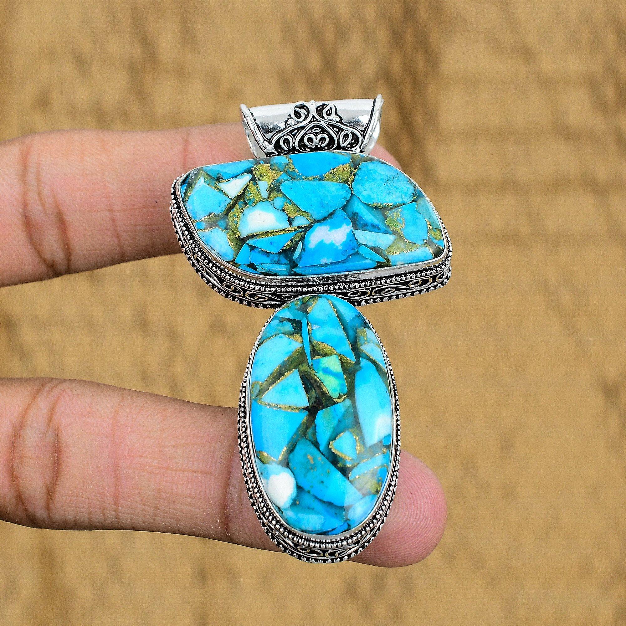 Sterling Silver Copper Blue Turquoise Gemstone Vintage Art Deco Pendant Jewelry