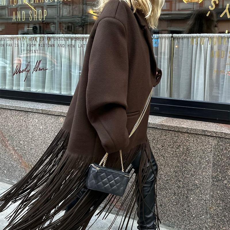 Woolen Tassel Long Coat Women's Autumn Winter Single Breasted Turn Down Collar Pocket Jacket Elegant Overcoat