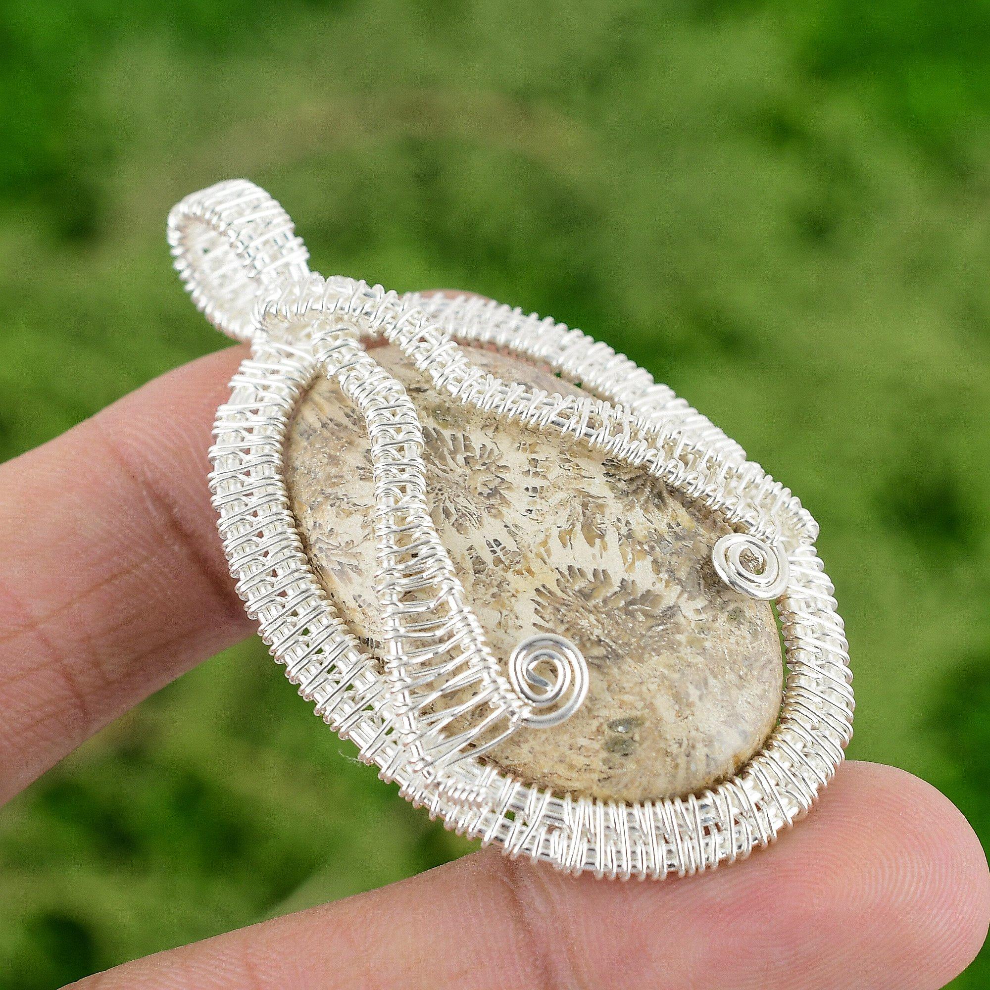 Daughters Day Sale 925 Silver Fossil Coral Gemstone Elegant Wire Wrapped Pendant