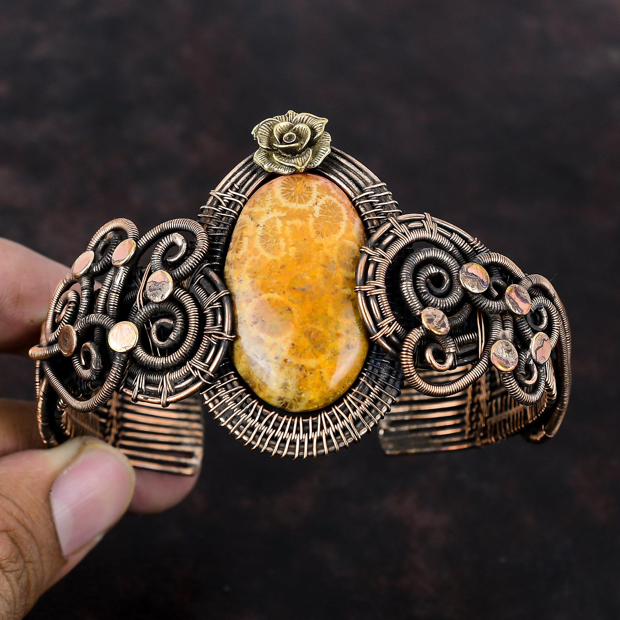 Brățară Manșetă Coral Fosil Sârmă de Cupru Înfășurată Brățară Manșetă Ajustabilă Brățară cu Piatră Prețioasă Bijuterii din Sârmă de Cupru Pentru Cadou Brățară Handmade cu Flori