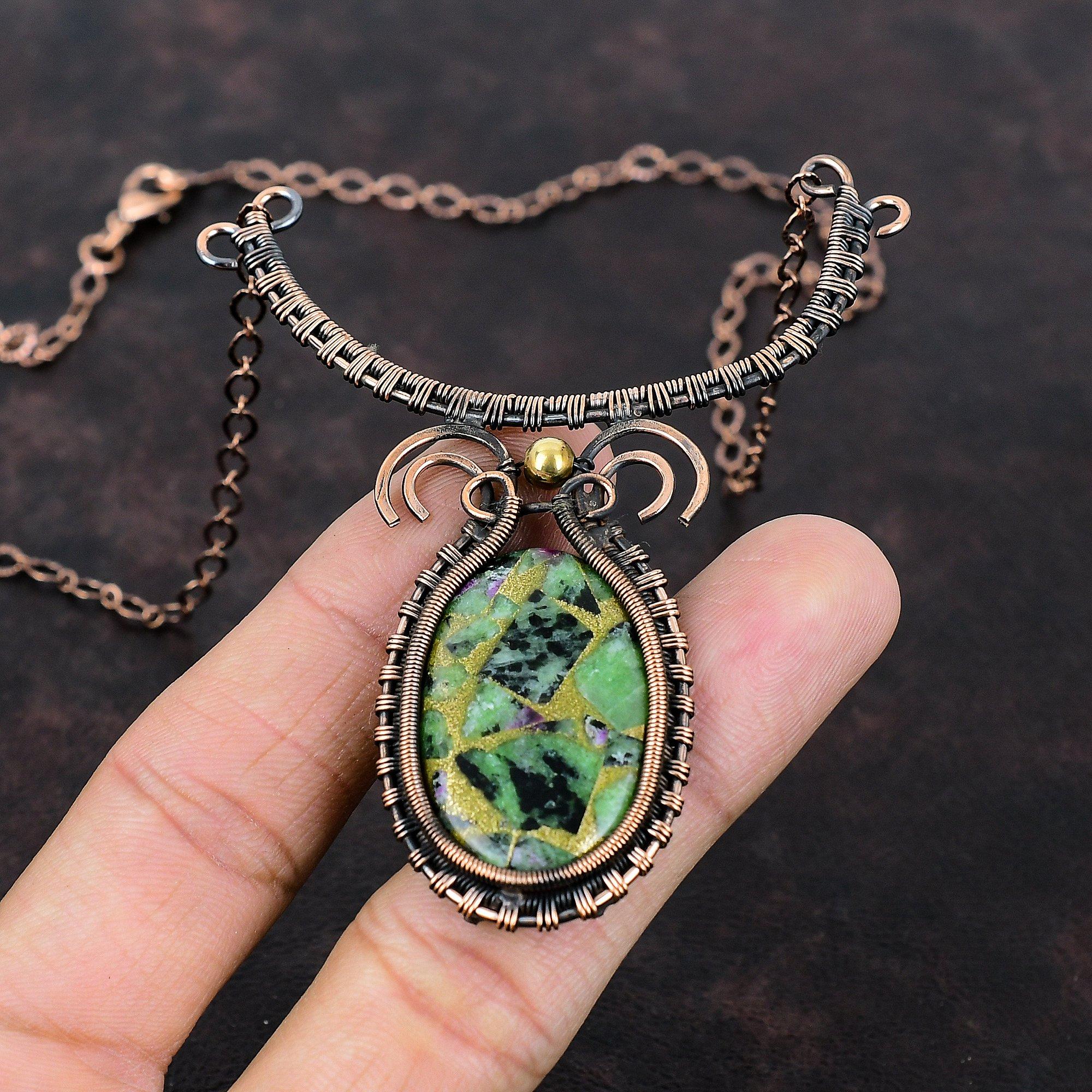 Copper Ruby Zoisite Necklace Copper Wire Wrapped Necklace Gemstone Jewelry Handmade Adjustable Necklace Antique Copper Jewelry Wedding Gift