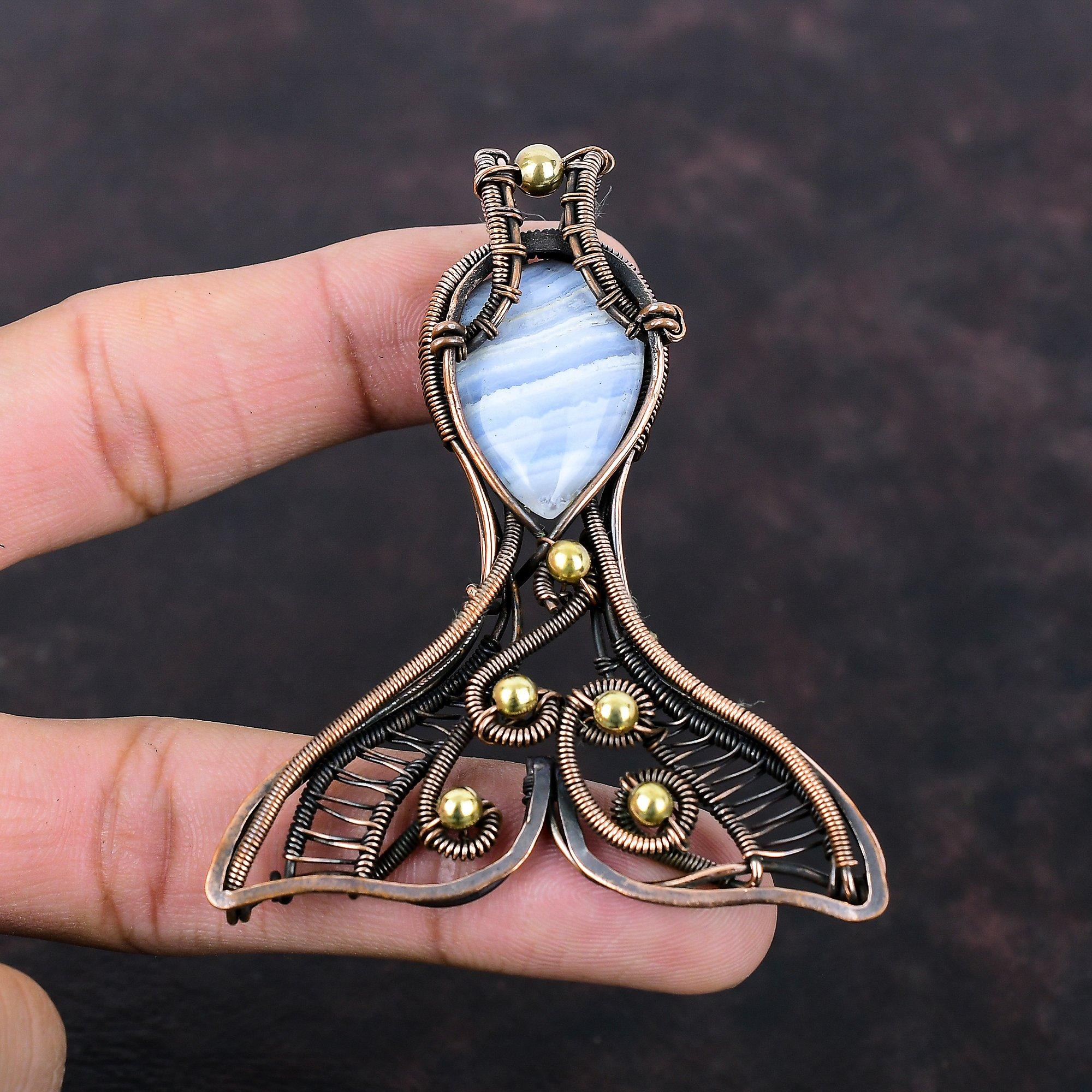 Blue Lace Agate Pendant Copper Wire Wrapped Pendant Handmade Fish Pendant Copper Jewelry Gemstone Pendant Birthstone Pendant Gift For Mother