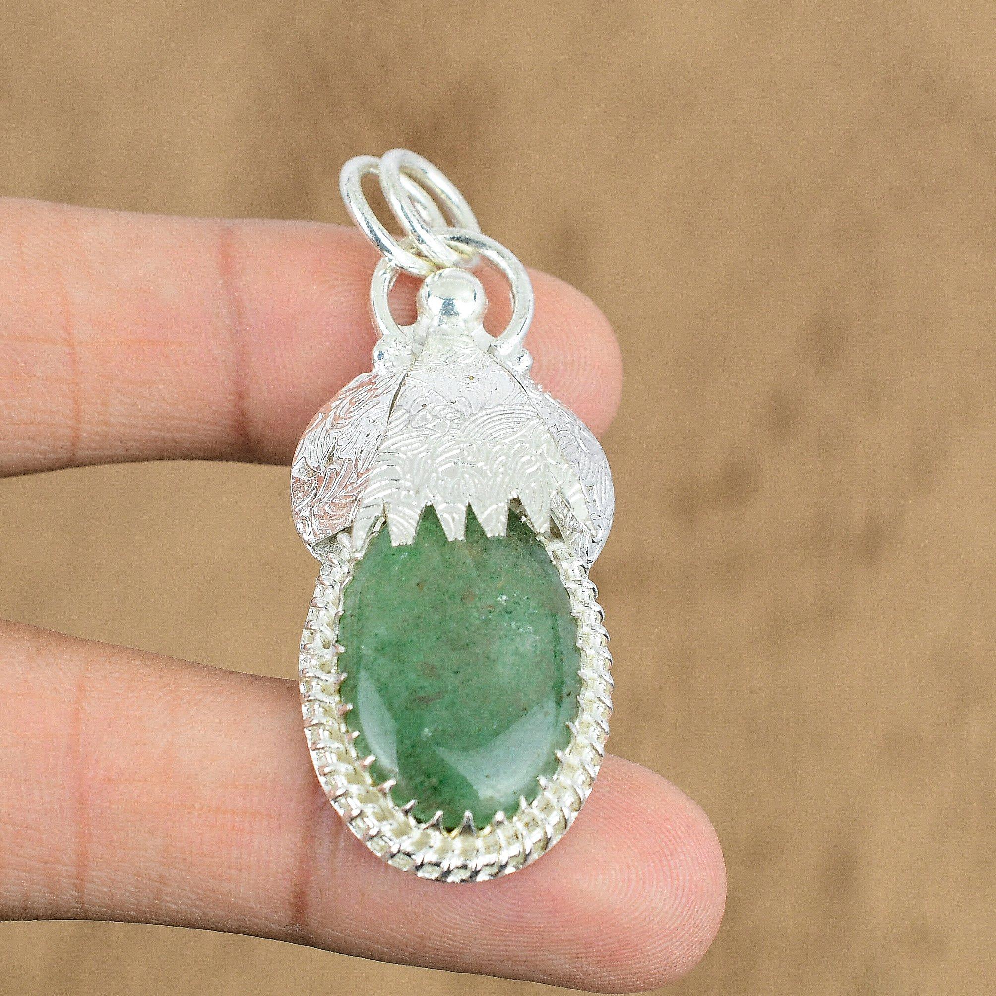 Birthday Gift For Her Natural Green Aventurine Gemstone Pendant 925 Silver