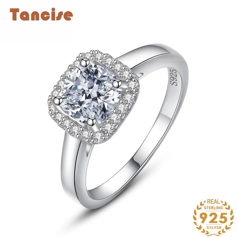 Tancise Klassisk 925 Sterling Sølv Zircon Ring Dame Smykker Bryllup Løfte Party Gift