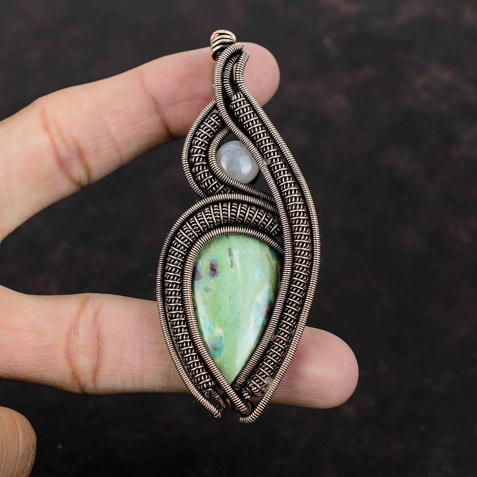 Ruby Fuchsite Gemstone Pendant Copper Wire Wrapped Pendant Handmade Designer Jewelry Rainbow Moonstone Pendant For Gift Copper Wire Jewelry