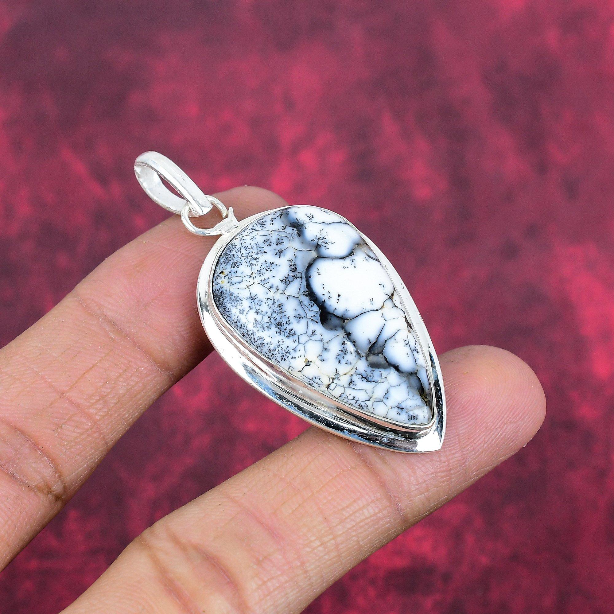 Dendrit Opal 925 Sterling Silber Anhänger, handgemachter Edelstein Schmuck Anhänger Geschenk zum Geburtstag