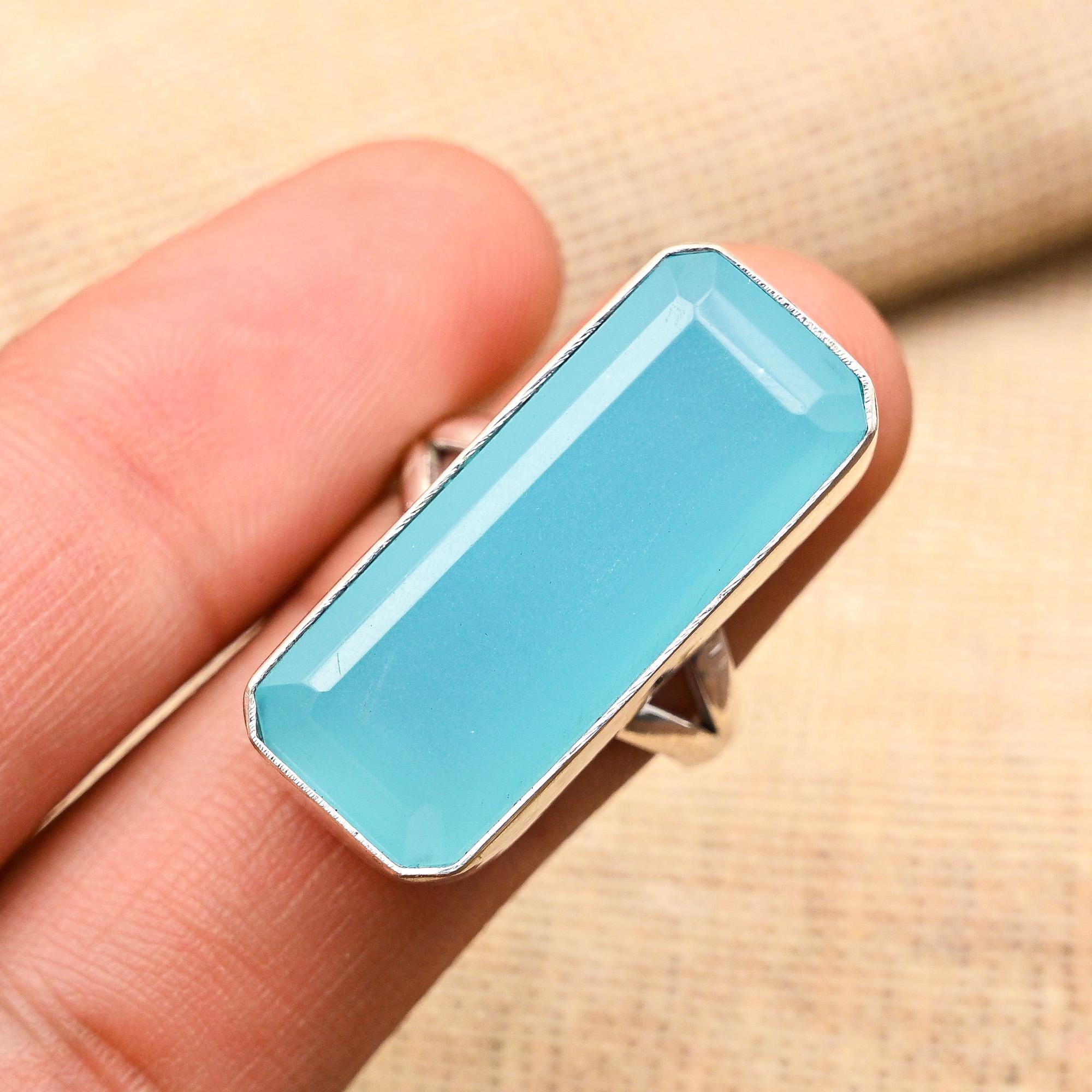 Gema Calcedonia Azul Hecho a Mano Joyería de Plata de Ley 925 Anillo Asombroso Para Ella