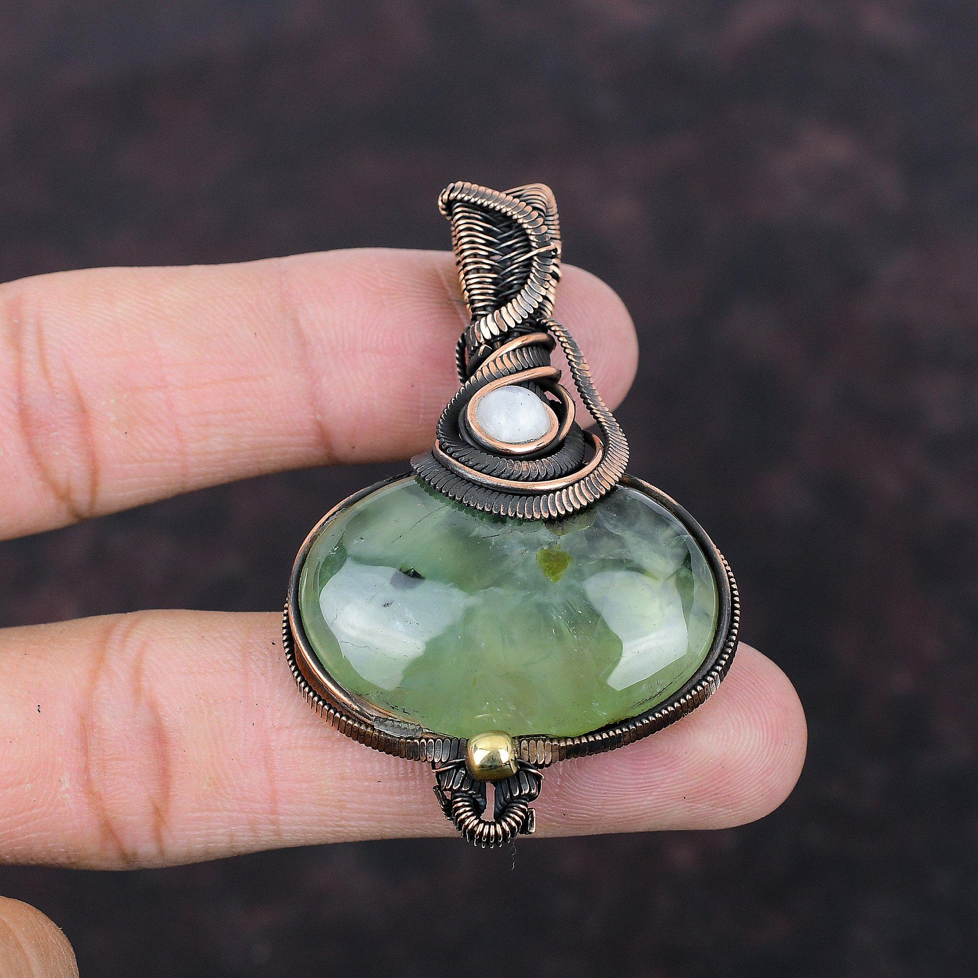 Pandantiv Prehnit Muschi cu Sârmă de Cupru Înfășurat Pandantiv cu Piatră Prețioasă Bijuterii Handmade cu Înfășurare în Sârmă Pentru Cadou Pandantiv cu Piatră de Lună Curcubeu Bijuterii Pentru Femei