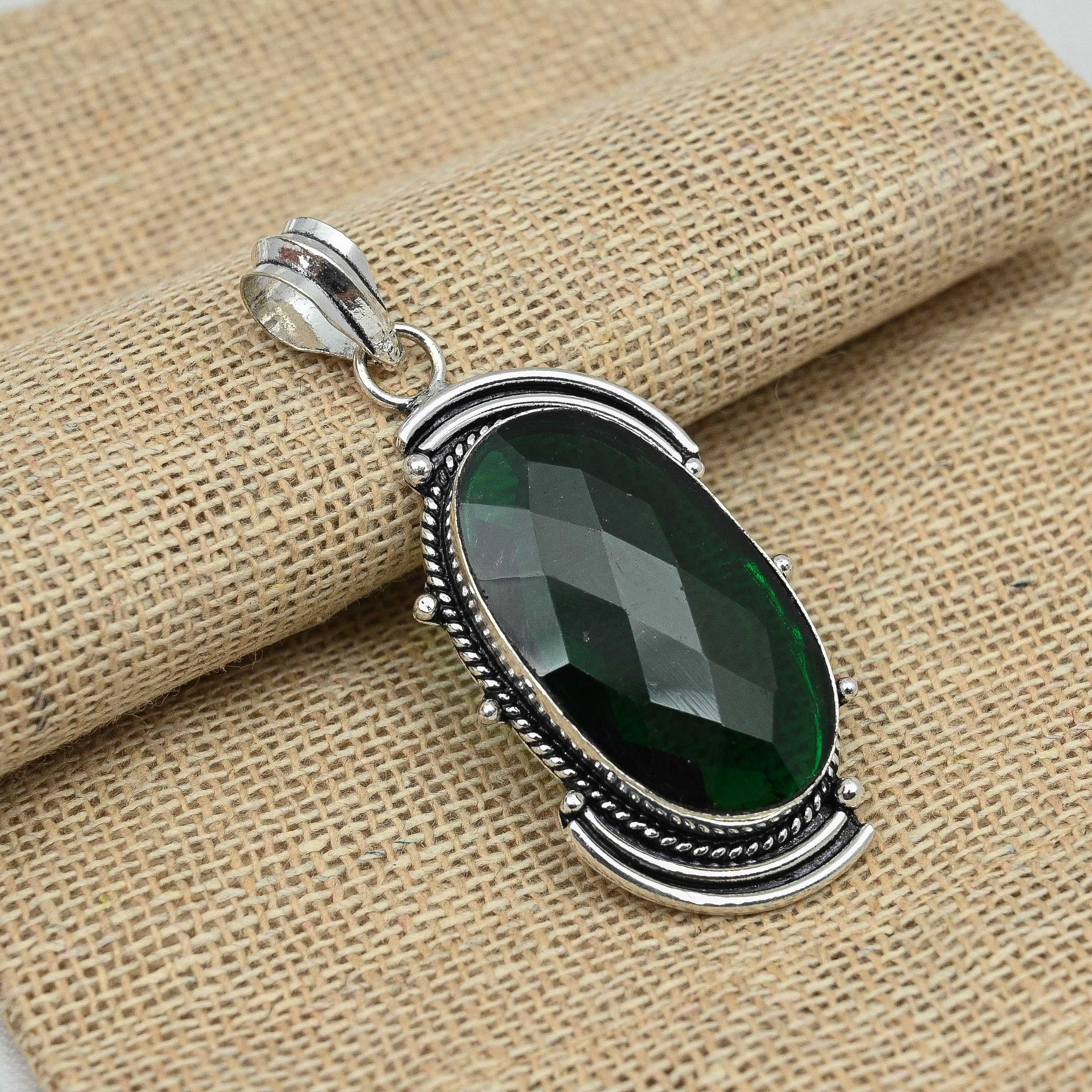 Faceted Green Onyx Gemstone 925 Sterling Silver Oval Shaped Handmade Pendant For Her