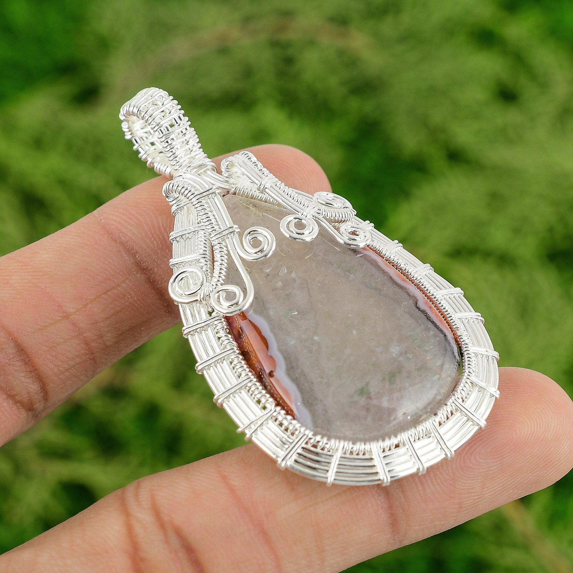 Natural Botswana Agate Wire Wrapping Handcrafted Trendy Pendant Sterling Silver