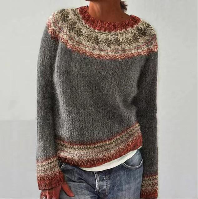 Women's Round Neck Color Blocked Loose and Fashionable Pullover Knitted Sweater for Autumn and Winter