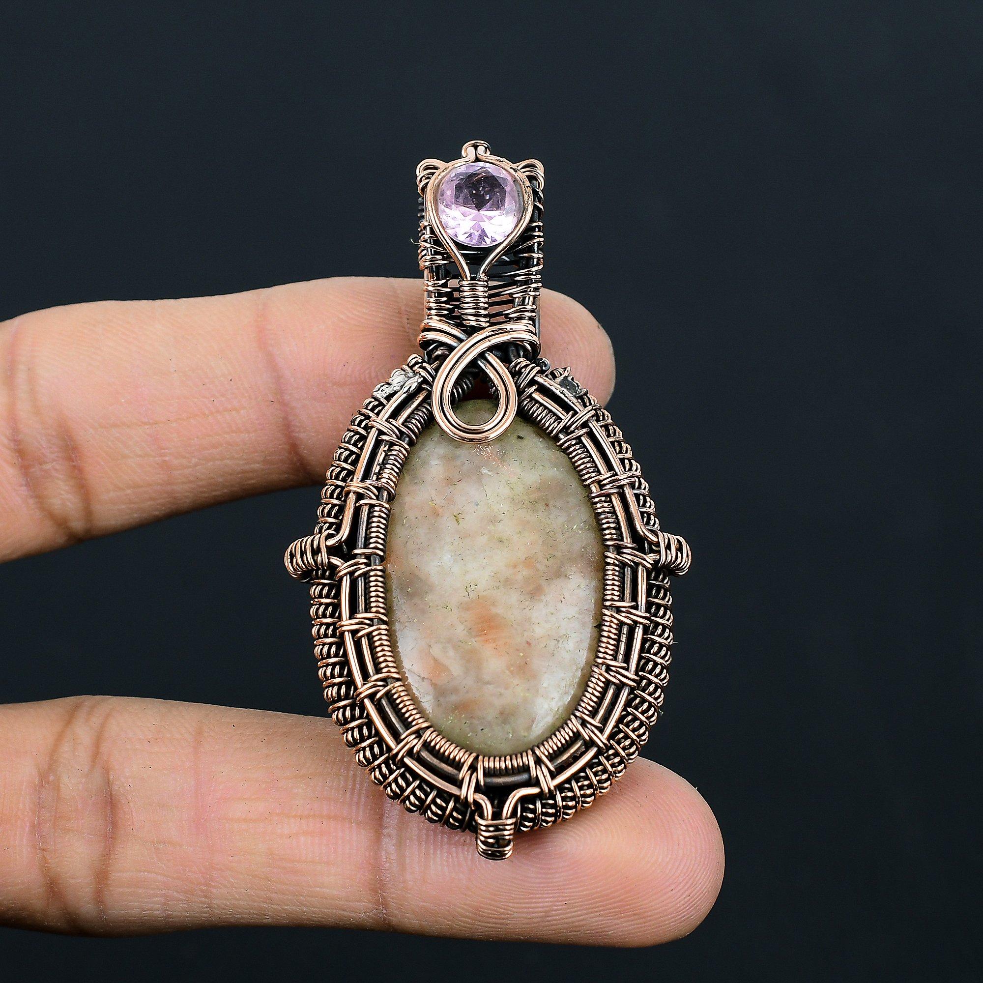 Sunstone & Kunzite Gemstone Handmade Pure Copper Wire Wrapped Pendant Jewelry For Thanksgiving