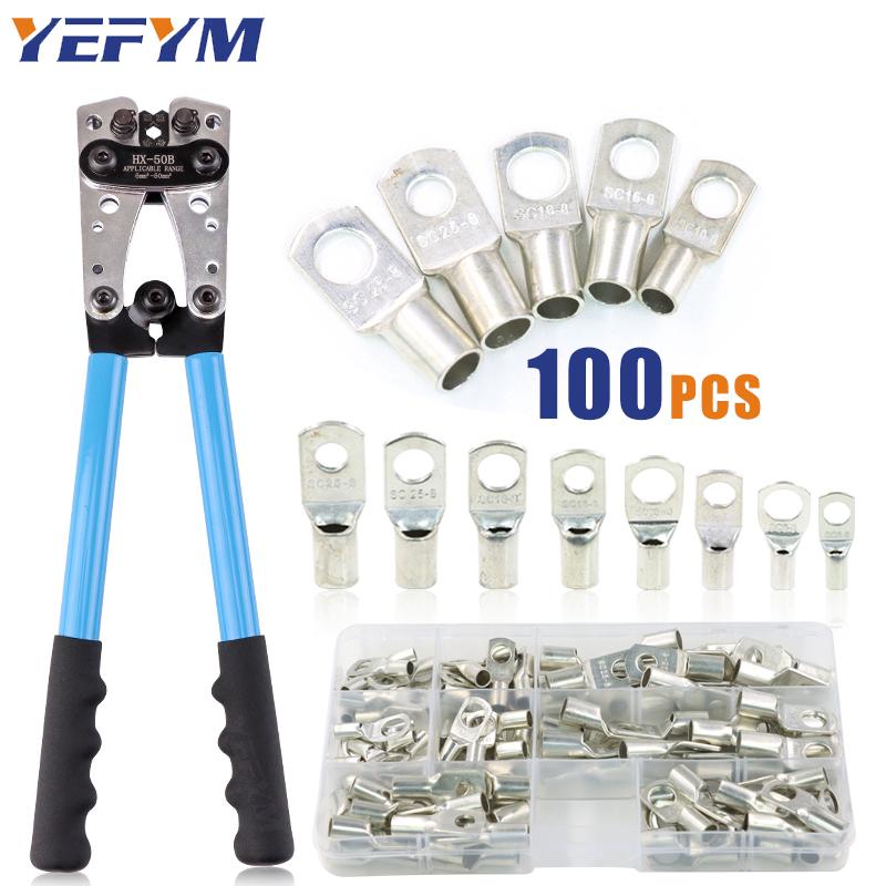 Battery Cable Lug Crimping Tool 10-0 AWG with 100Pcs Copper Ring Terminals 8 Sizes Cable Lugs Set, Heavy Duty Wire Crimper