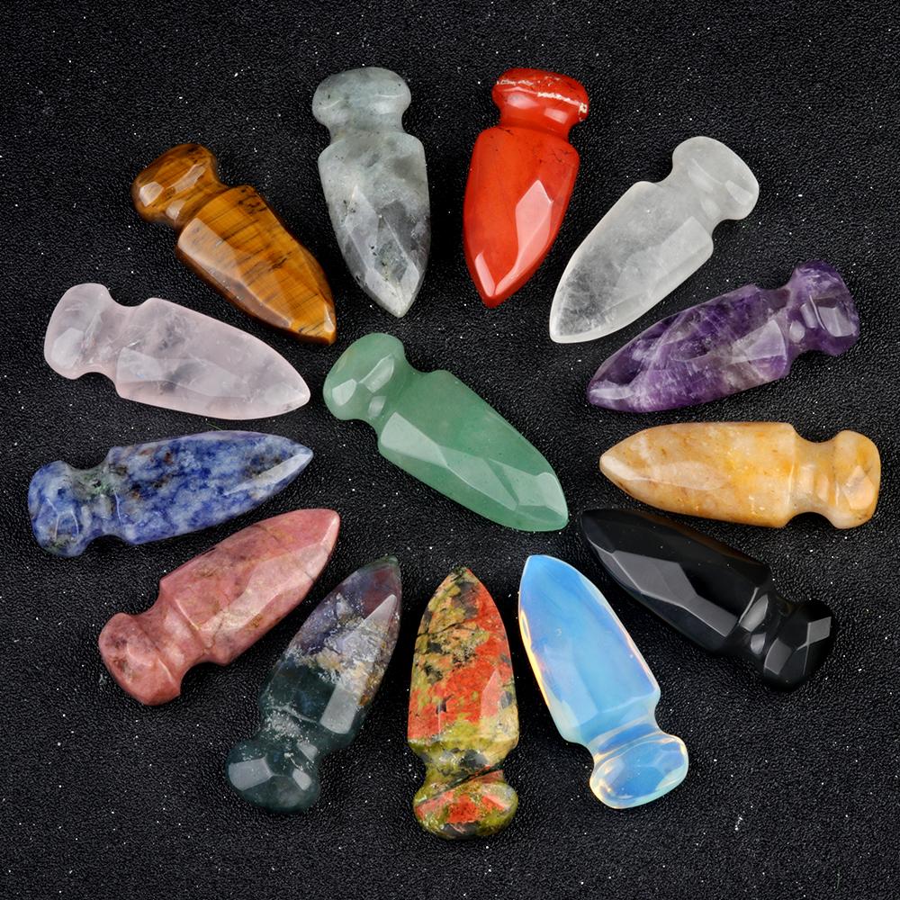 1Pc Natural Quartz Dagger Sword Carving Stone Ornaments Decorative, Reiki Healing Gemstones Home Decor, DIY Jewelry Craft Collections Gifts 50×20mm