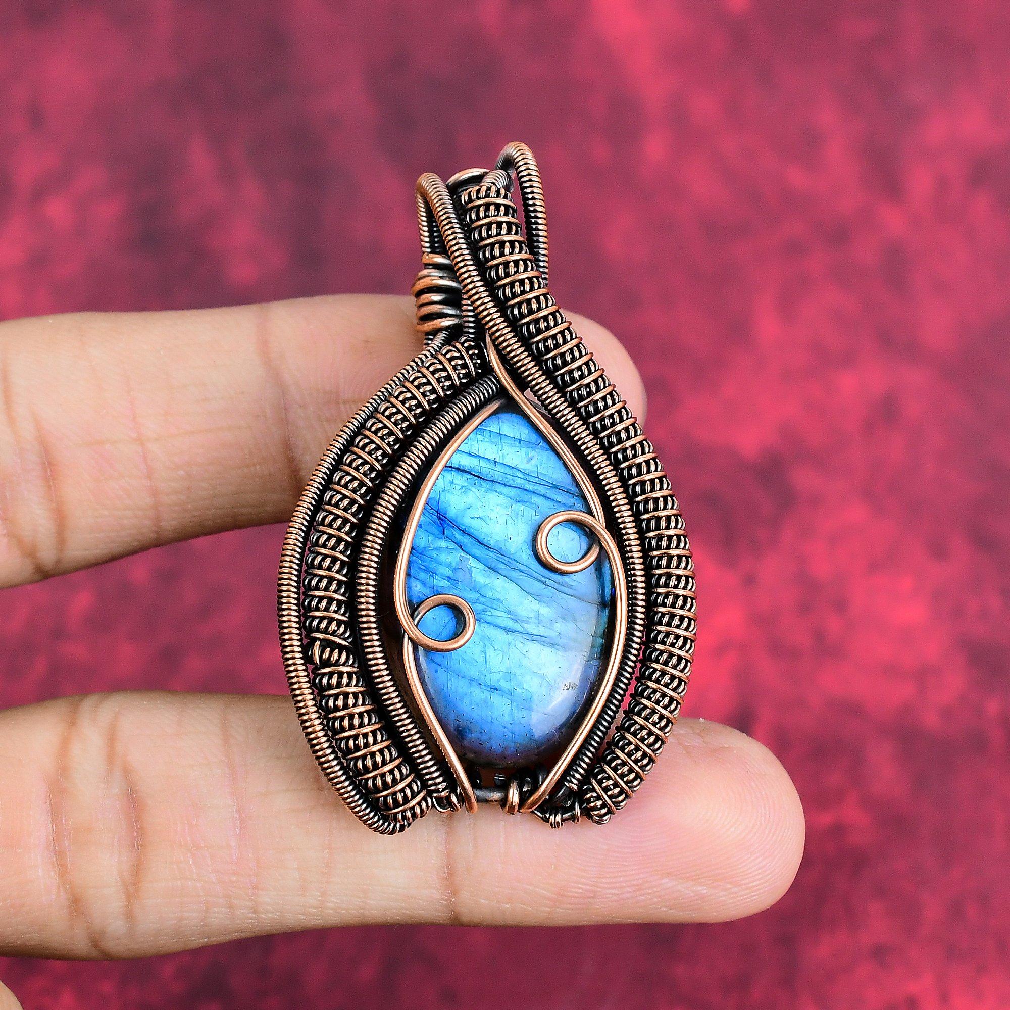 Labradorite pendant copper wire wrapped pendant natural gemstone pendant copper wire jewelry gifts for mother handmade unique style pendant