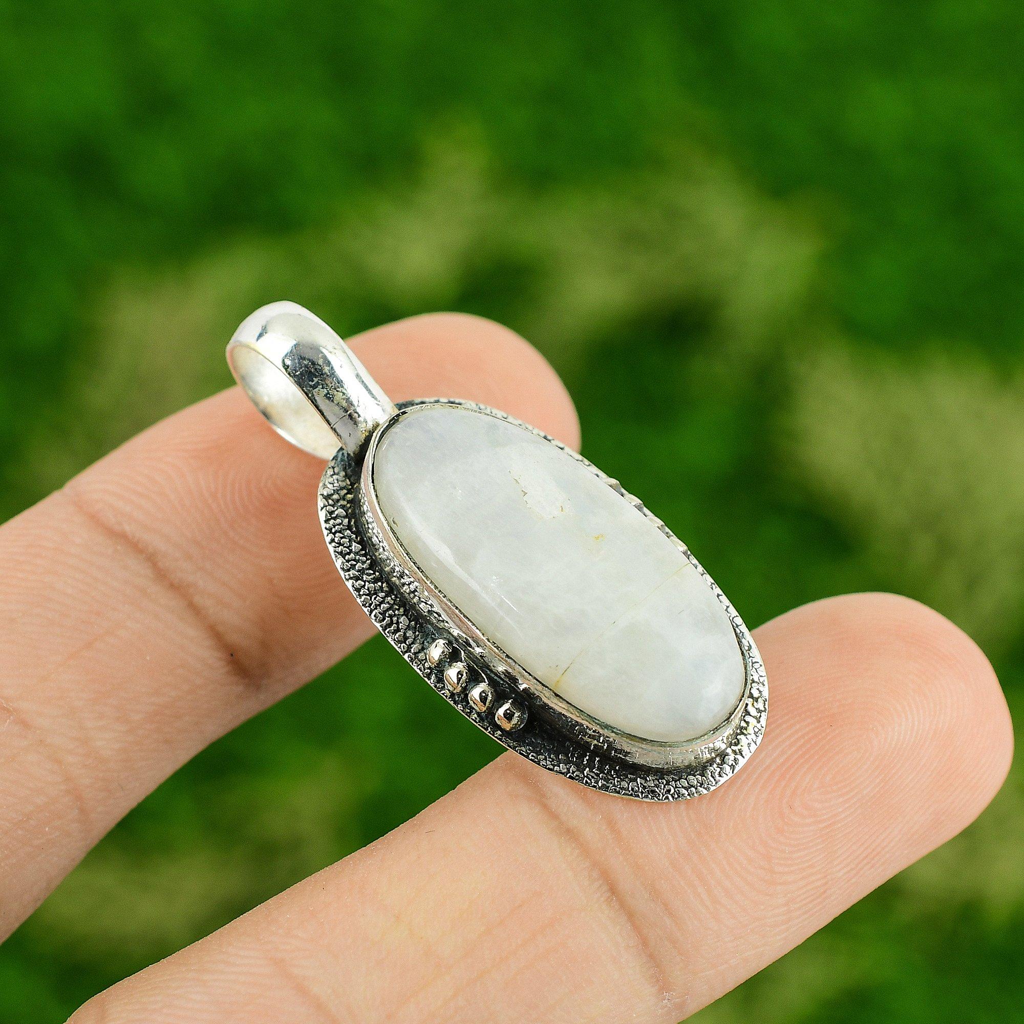 925 Sterling Silver Oval Rainbow Moonstone Stone Bezel Wife Engagement Pendant