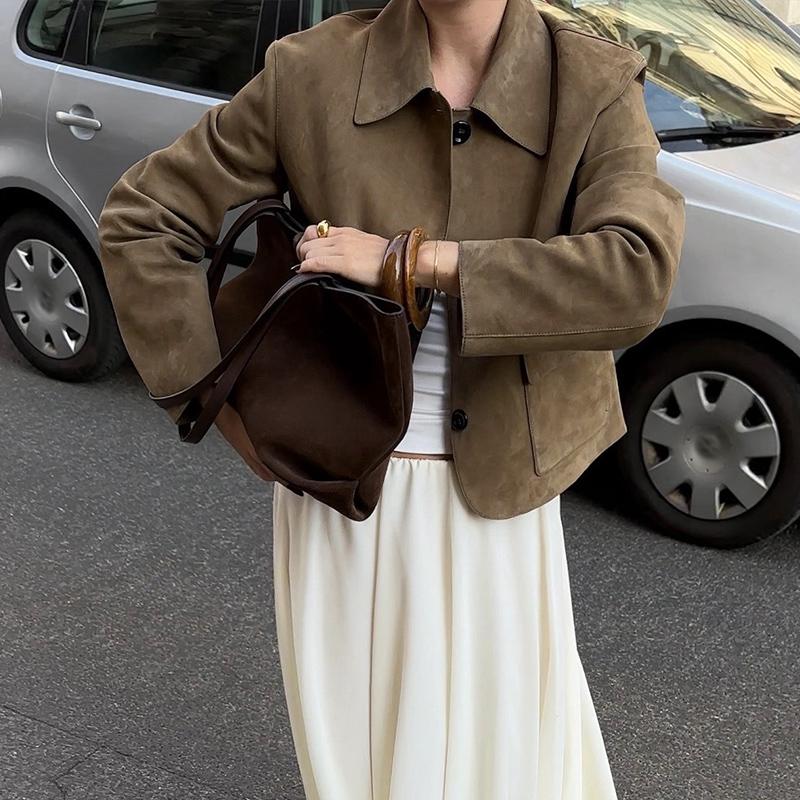 Retro Causal Suede Jackets Women Elegant Single Breasted Lapel Coats Autumn Winter Fashion Soft Pocket Outwear