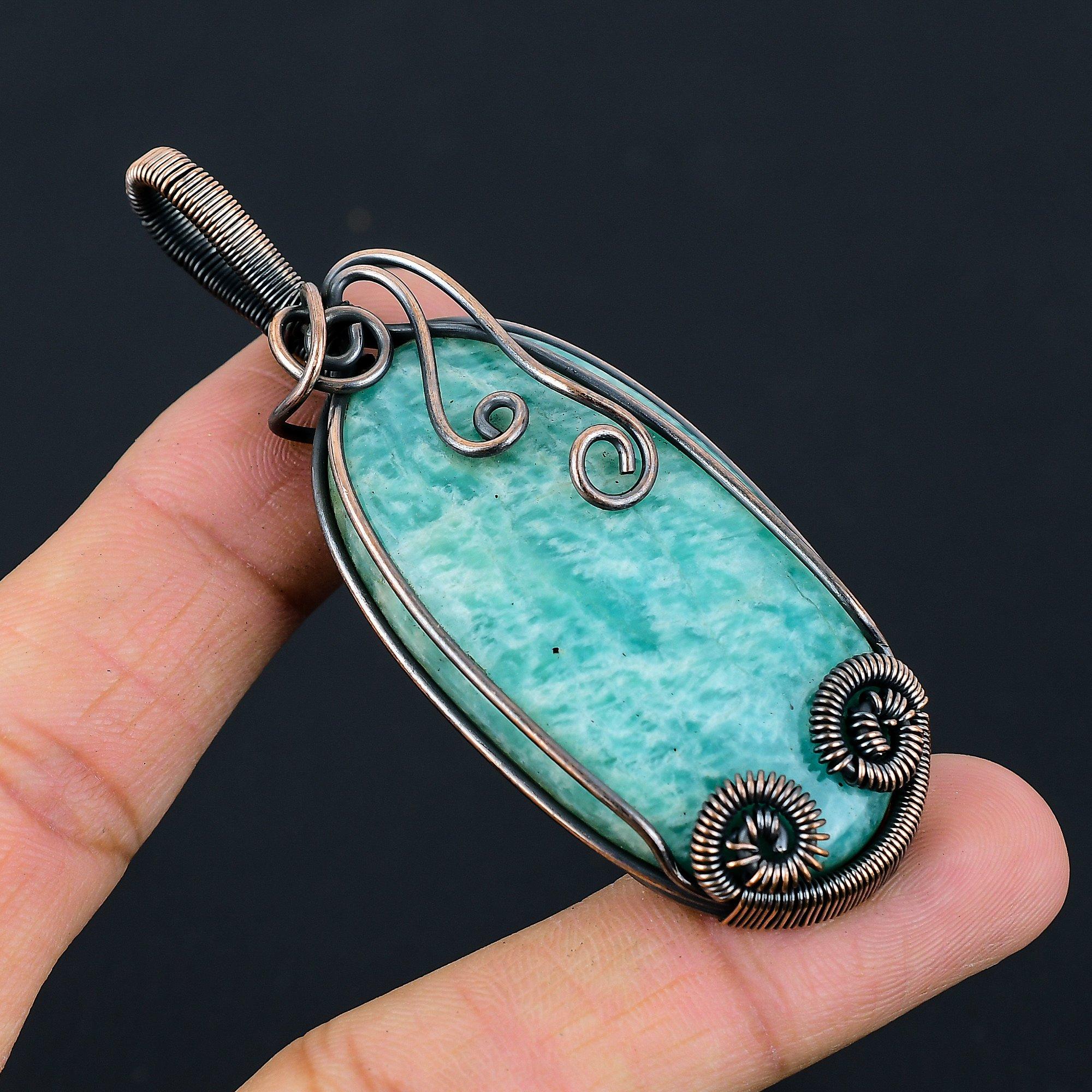 Amazonite Gemstone Pure Copper Wire Wrapped Handmade Jewelry Pendant For Gift