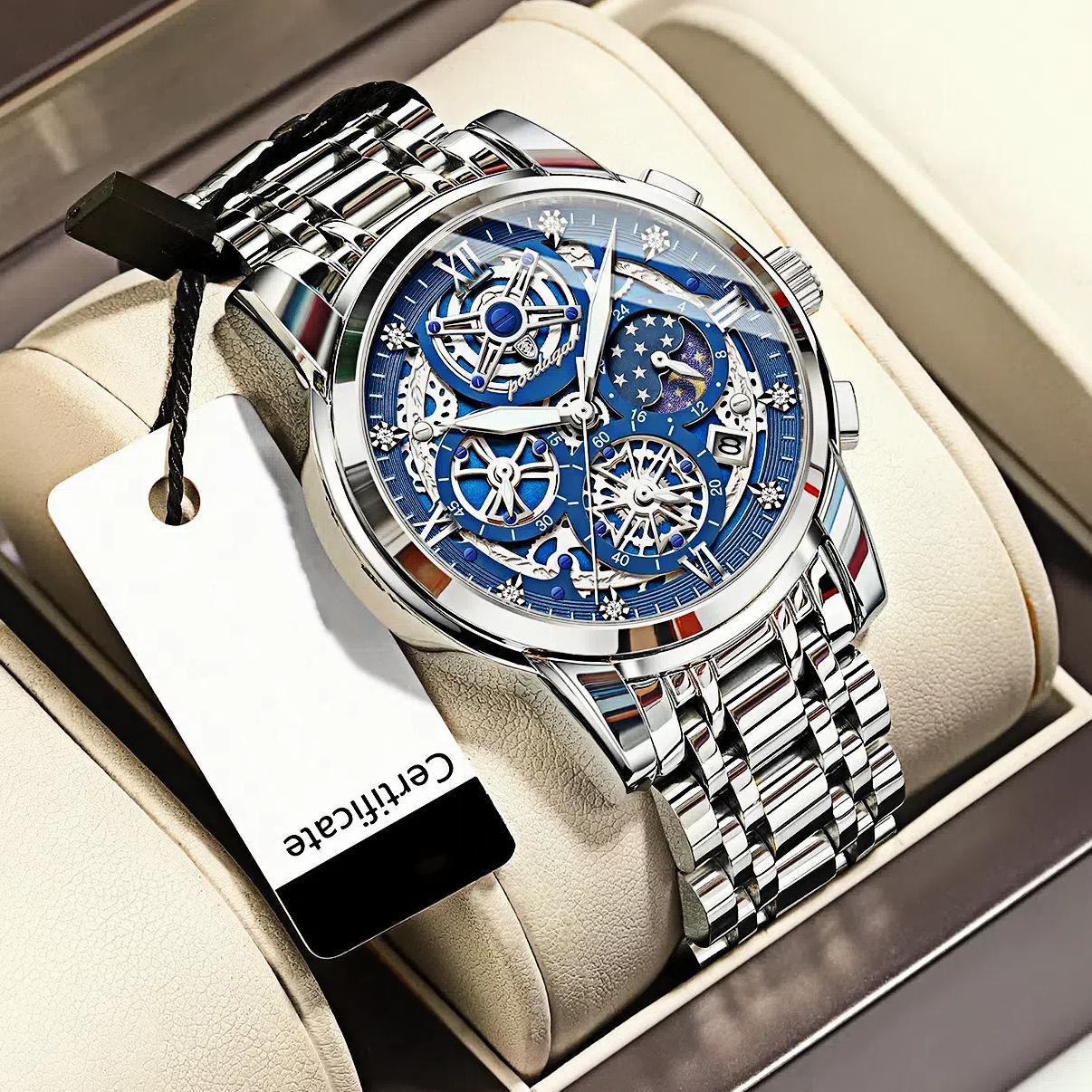 Men's Waterproof Luminous Calendar Stainless Steel Wristwatch Luxurious Carved Three Eye Dial Moon Phase Quartz Watch Holiday Gift Business Watch