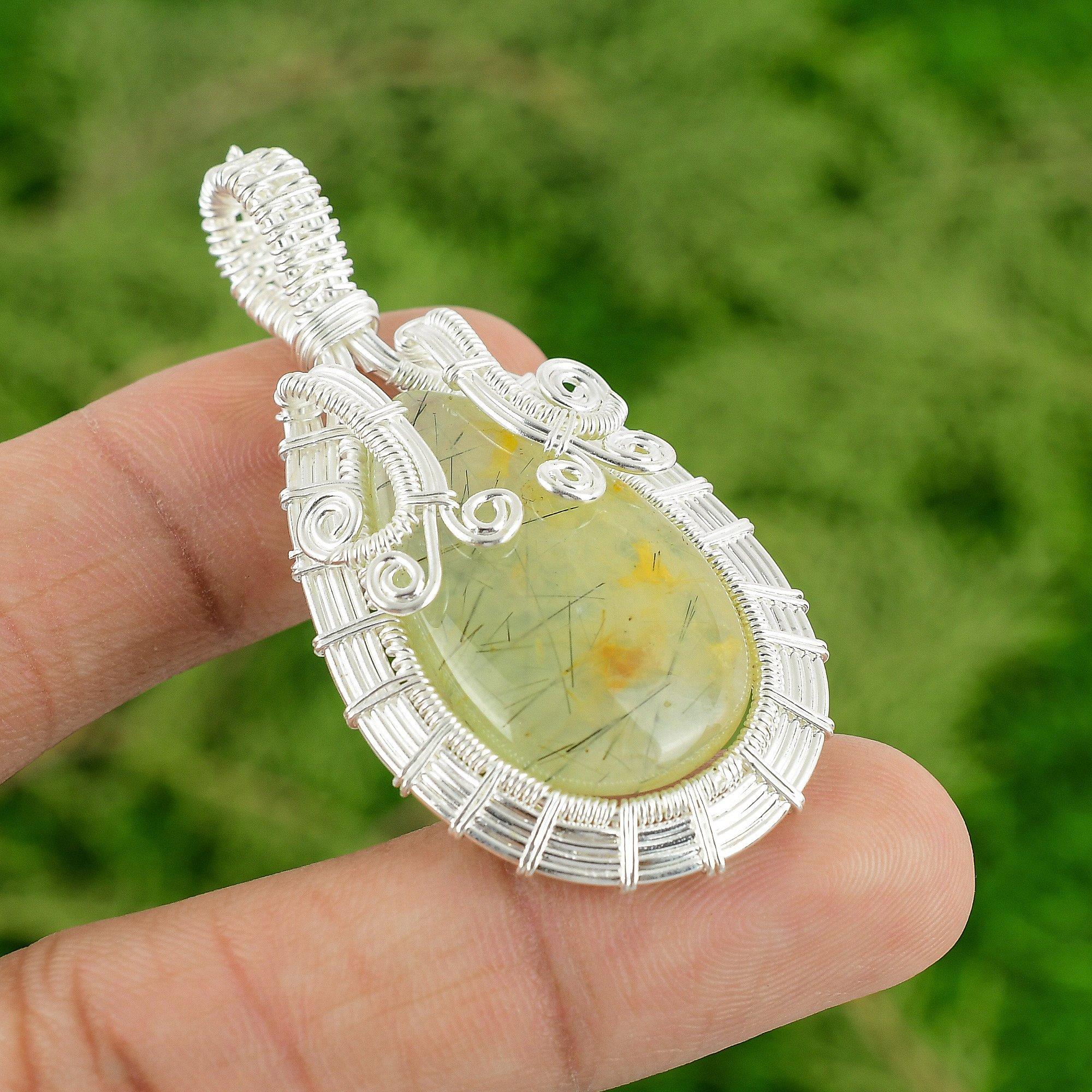 Sterling Silver Natural Moss Prehnite Wire Wrap Handmade Unique Pendant Jewelry