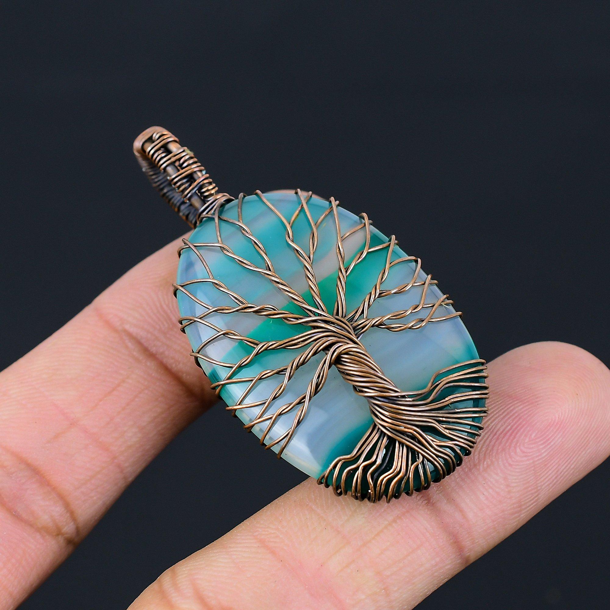 Tree Of Life Banded Agate Gemstone Pure Copper Wire Wrapped Handmade Pendant Jewelry For Her