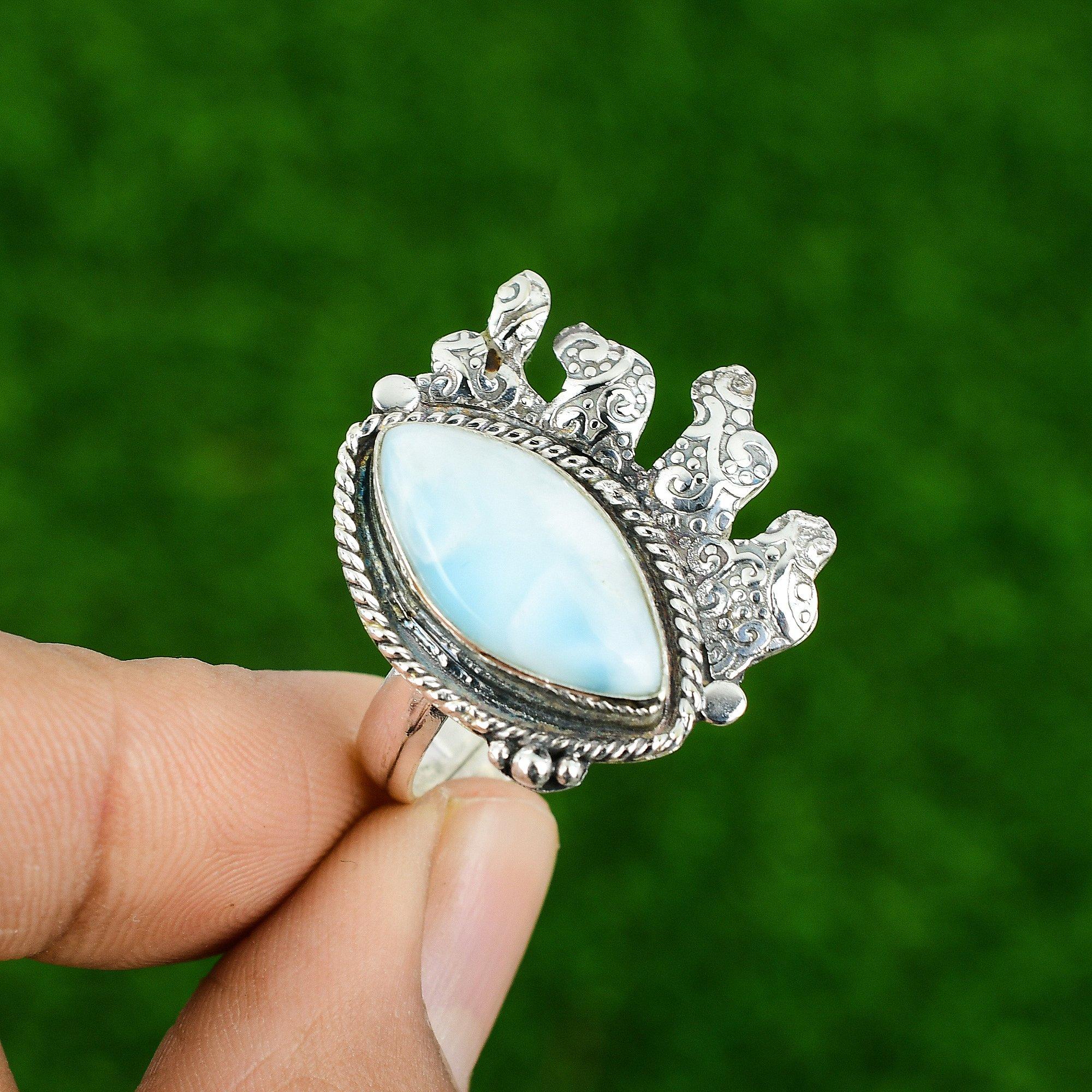 Sterling Silver Throat Chakra Natural Larimar Stackable Ring Jewelry Size Yes
