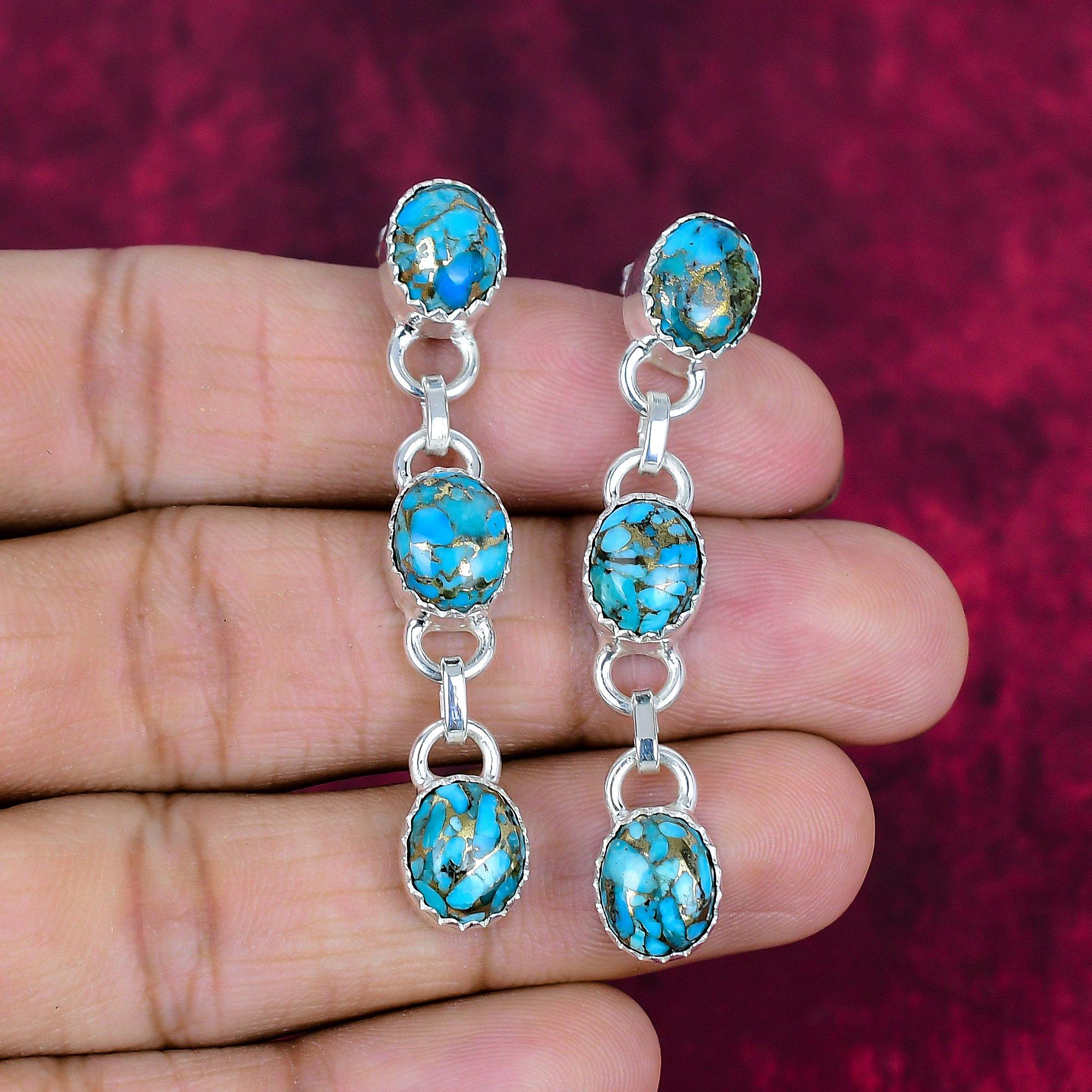 Blue Copper Turquoise Handmade Gemstone Earrings, 925 Solid Sterling Silver Earrings Antique Jewelry, For Engagement Gift